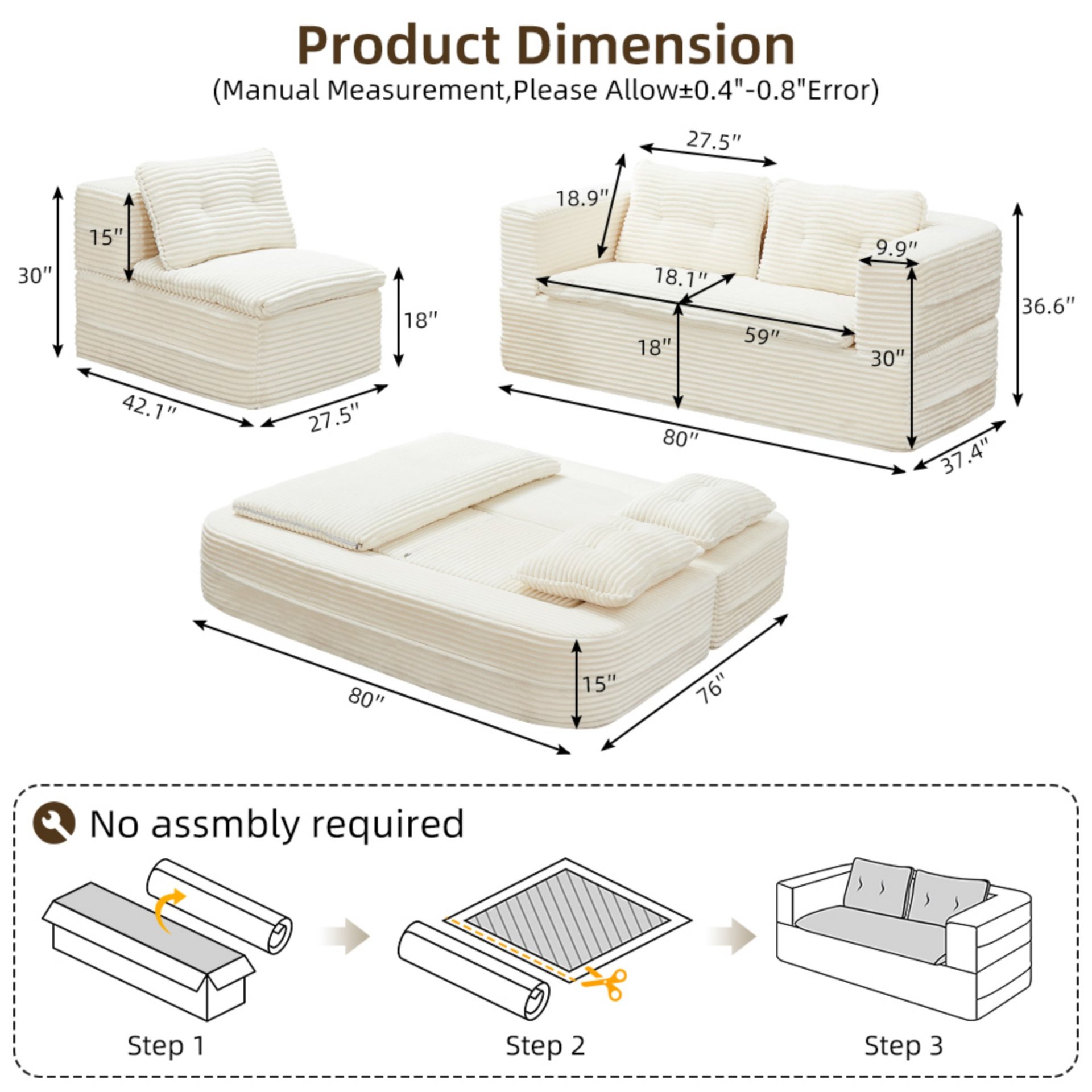 Multi Functional Sectional Sofa Bed With Independent Chaise Lounge And Functional Blanket - Beige - Image 3