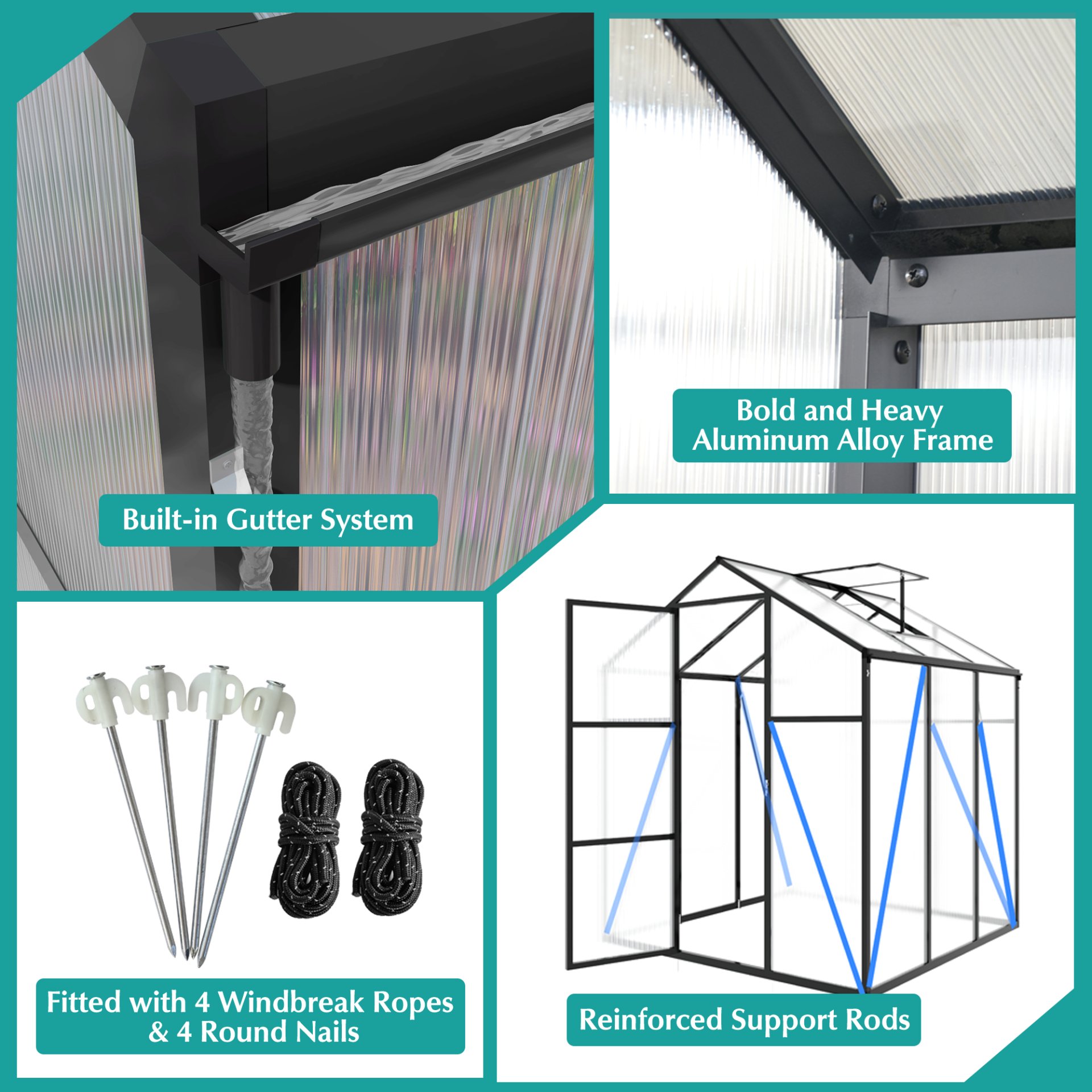 Gain Height Windproof Greenhouse 6 X 8 Ft Polycarbonate With Raised Base And Anchor Alloy Frame, All Season Outdoor Garden Shelter - Black - Image 6