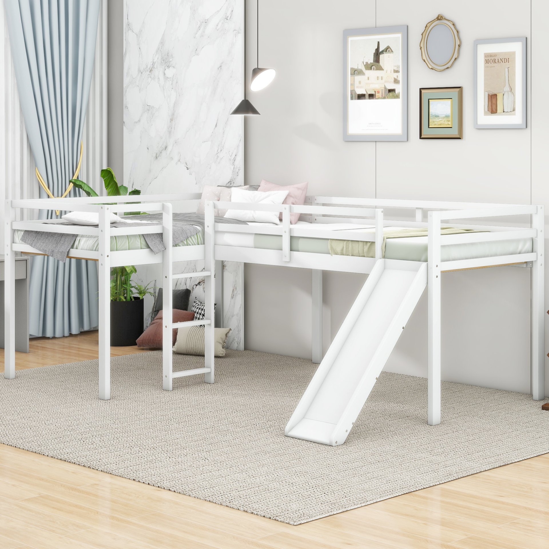L-Shaped Twin Size Loft Bed With Ladder And Slide - White - Image 2