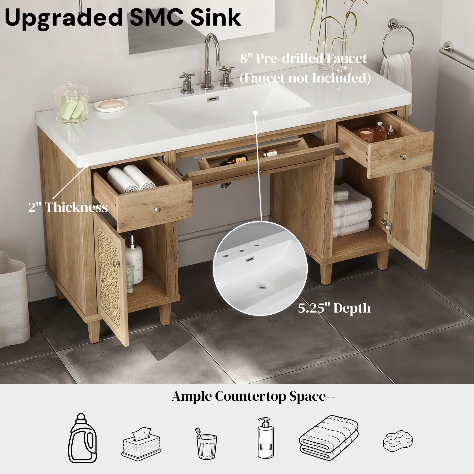 Single Bathroom Vanity With Smc Sink, Spacious Storage Cabinet - Wood - Image 10