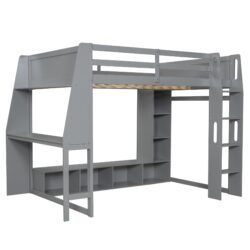 Full Size Gaming Loft Bed & Desk, Multi Storage Shelves, LED Lighting, And Hanging Clothes Rack - Gray