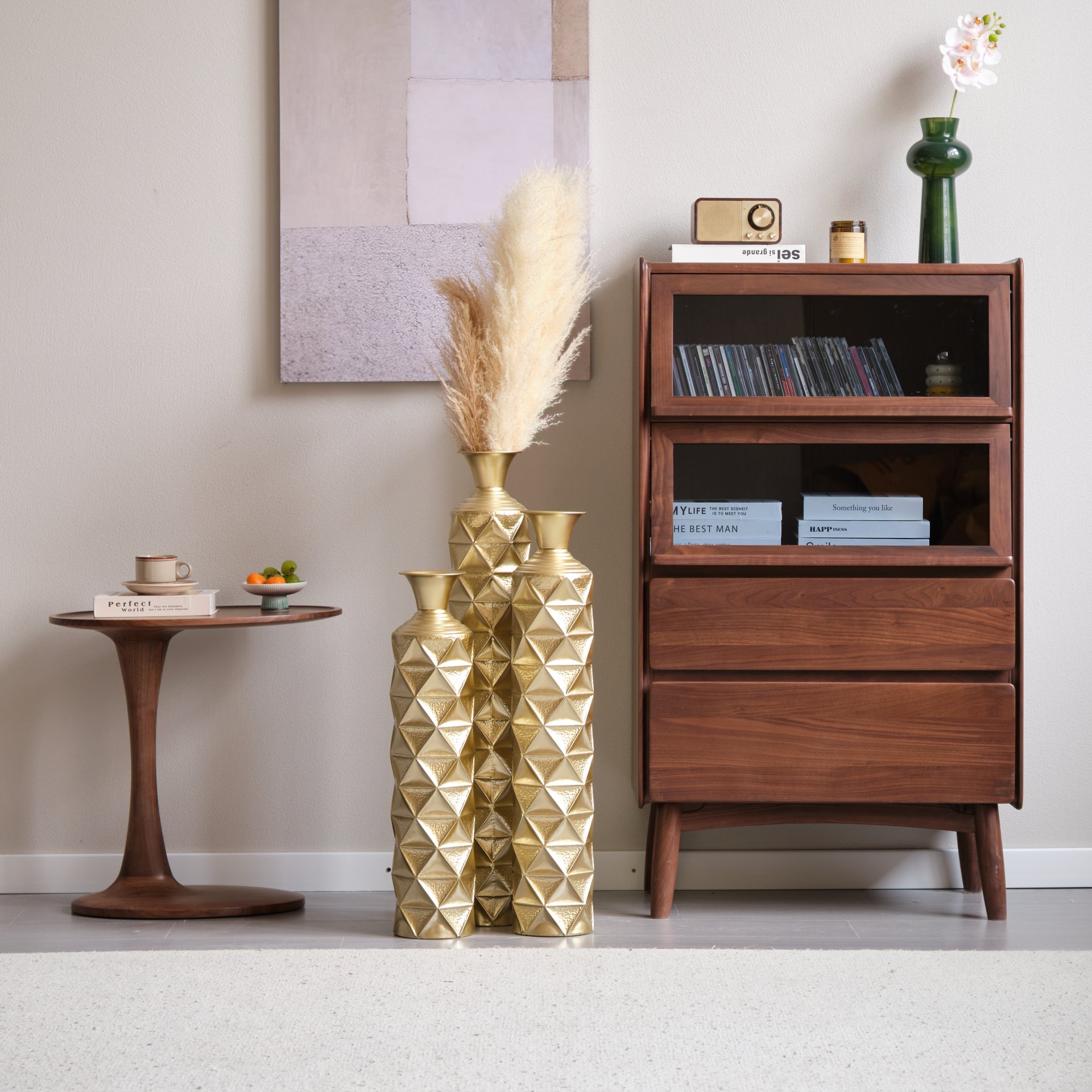 Metal Decorative Vase High Distress Metal Center Vase With 3D Triangle Pattern, (Set of 3) Vases For Home Decoration - Gold - Image 14