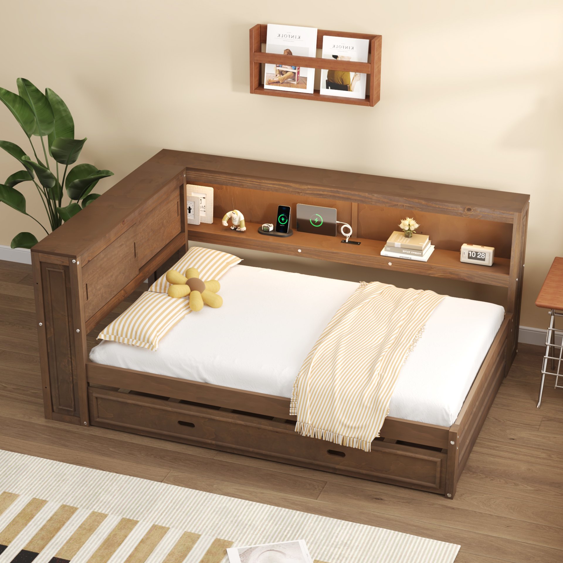 Full Size Daybed With Storage Shelves, LED, USB, And Trundle - Wood - Image 5
