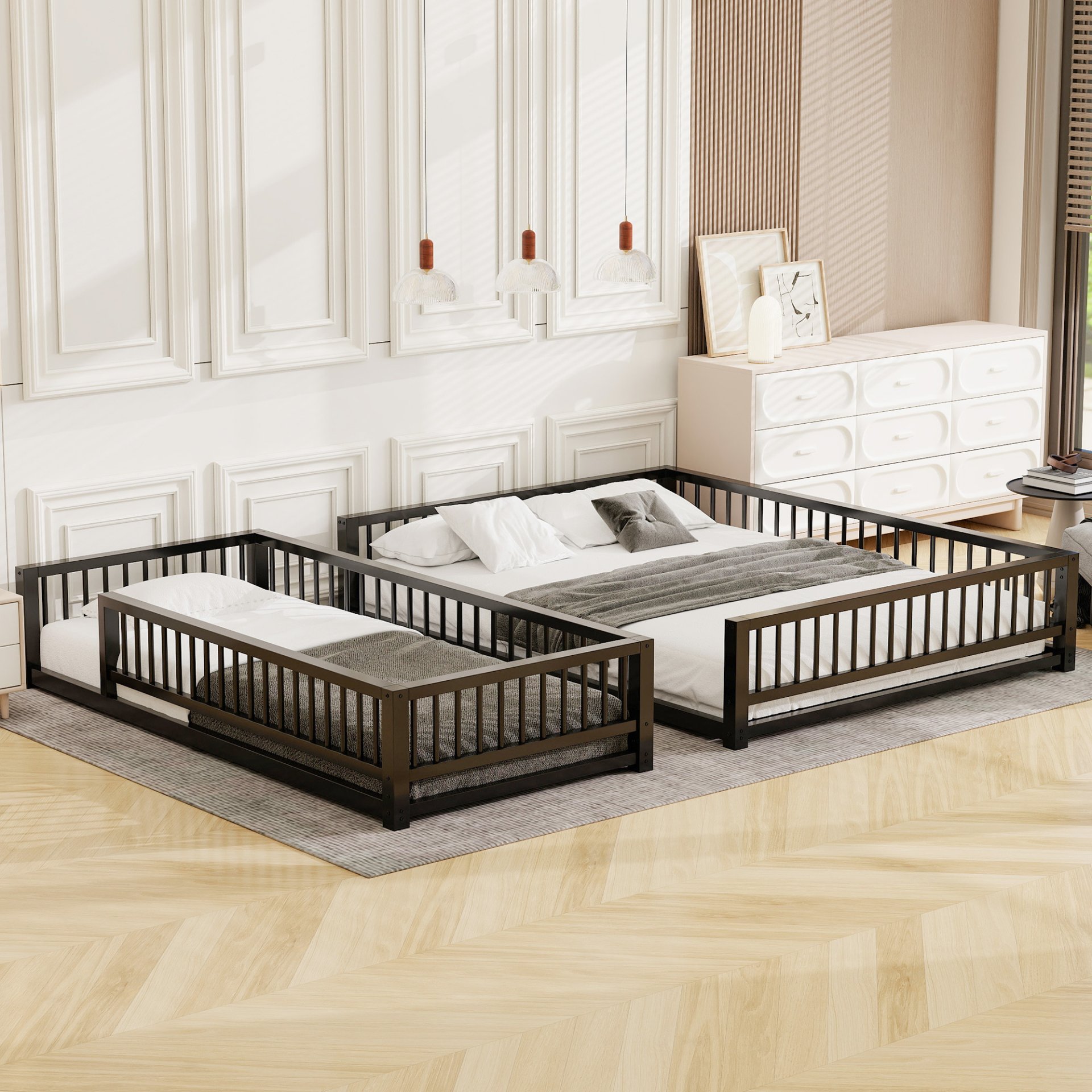 Twin Long Over Queen Bunk Bed Frame With Ladder And Safety Guardrails - Black - Image 5