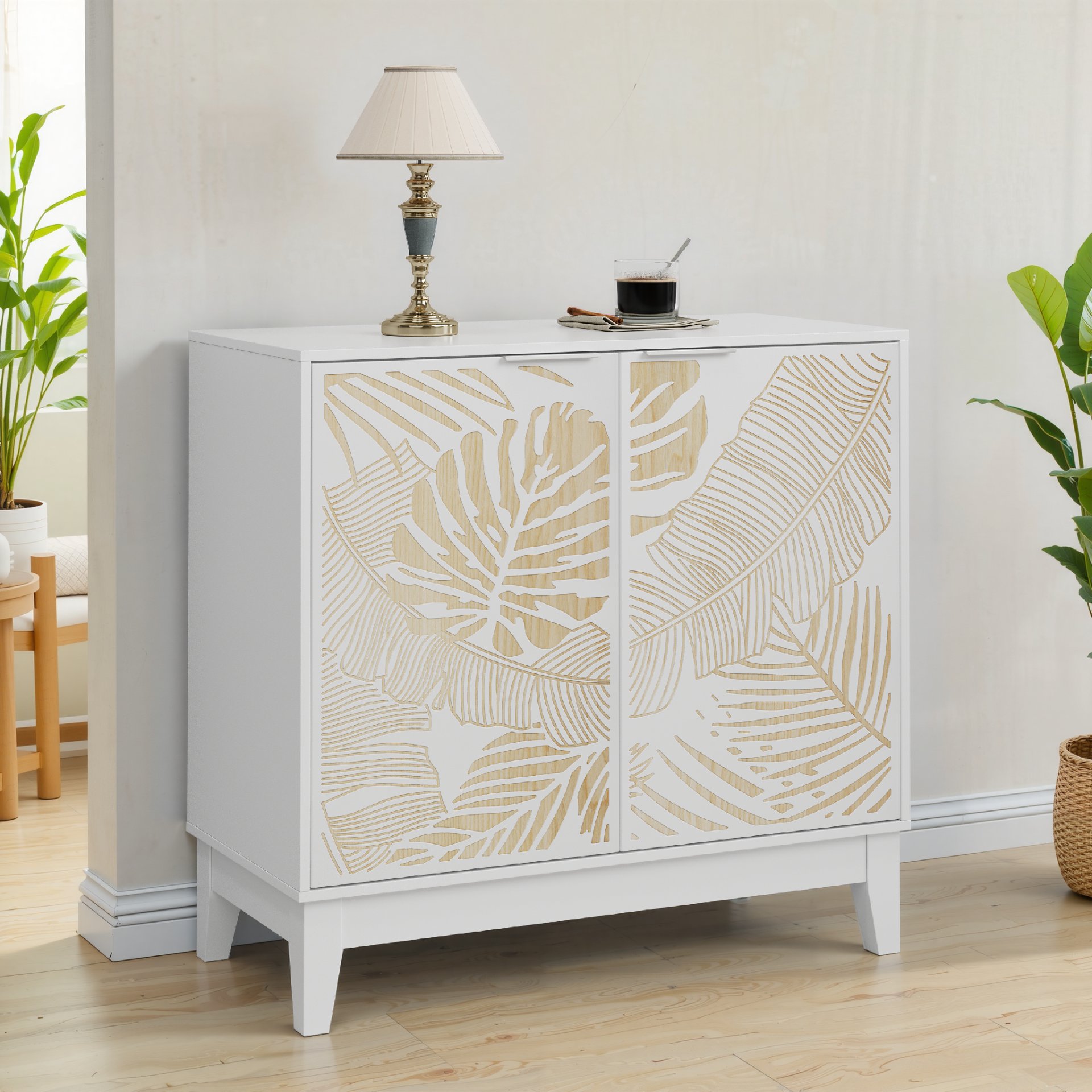 Vintage Carved Buffet Cabinet With Adjustable Shelves, Wooden Decorative Sideboard - White - Image 6