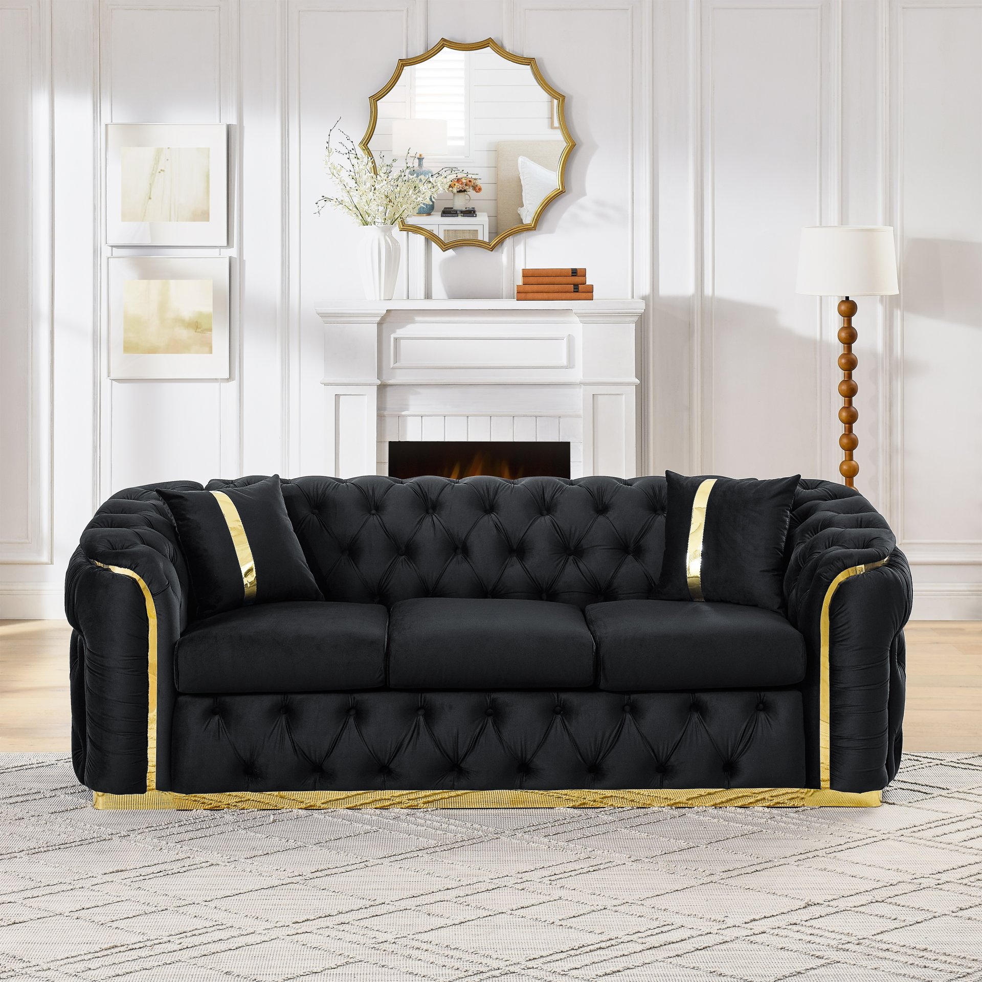 Velvet Button Tufted Sofa Couch With 2 Pillows 3 Seater Luxury Chesterfield Sofa Set With Stainless Steel Accents For Living Room - Black - Image 4