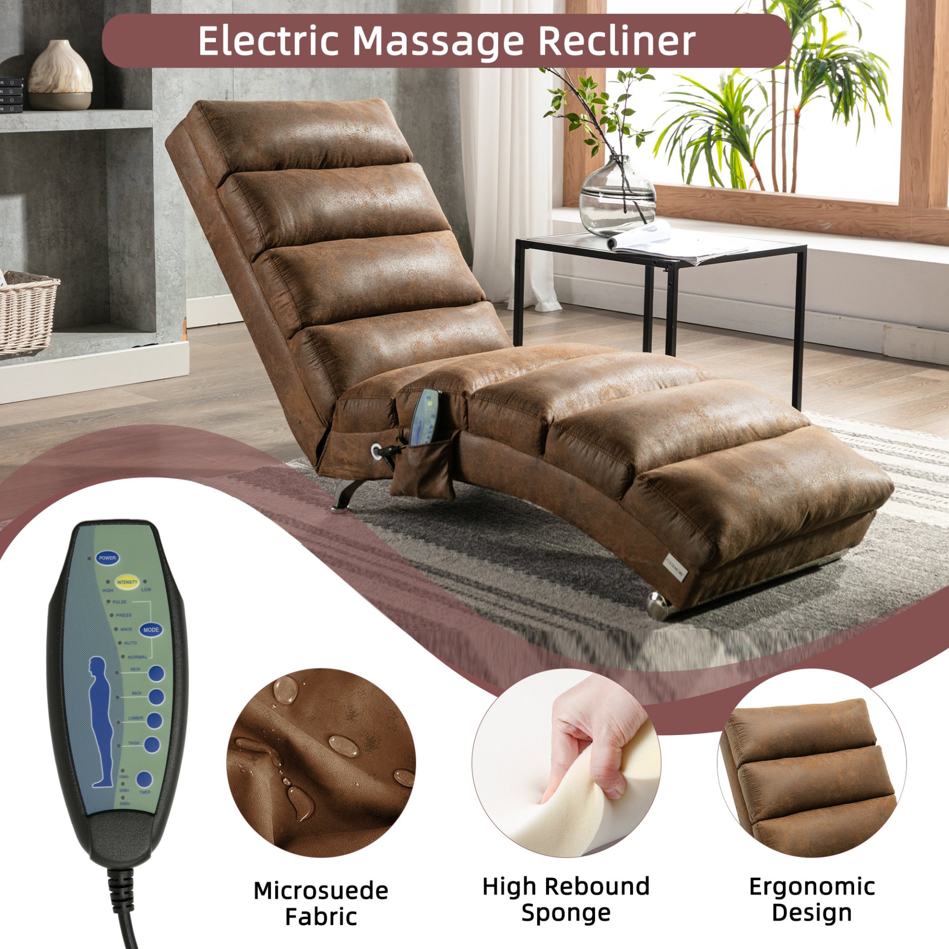Linen Massage Chaise Lounge Indoor With Remote Control, Ergonomic Electric Massage Long Lounger - Coffee - Image 4
