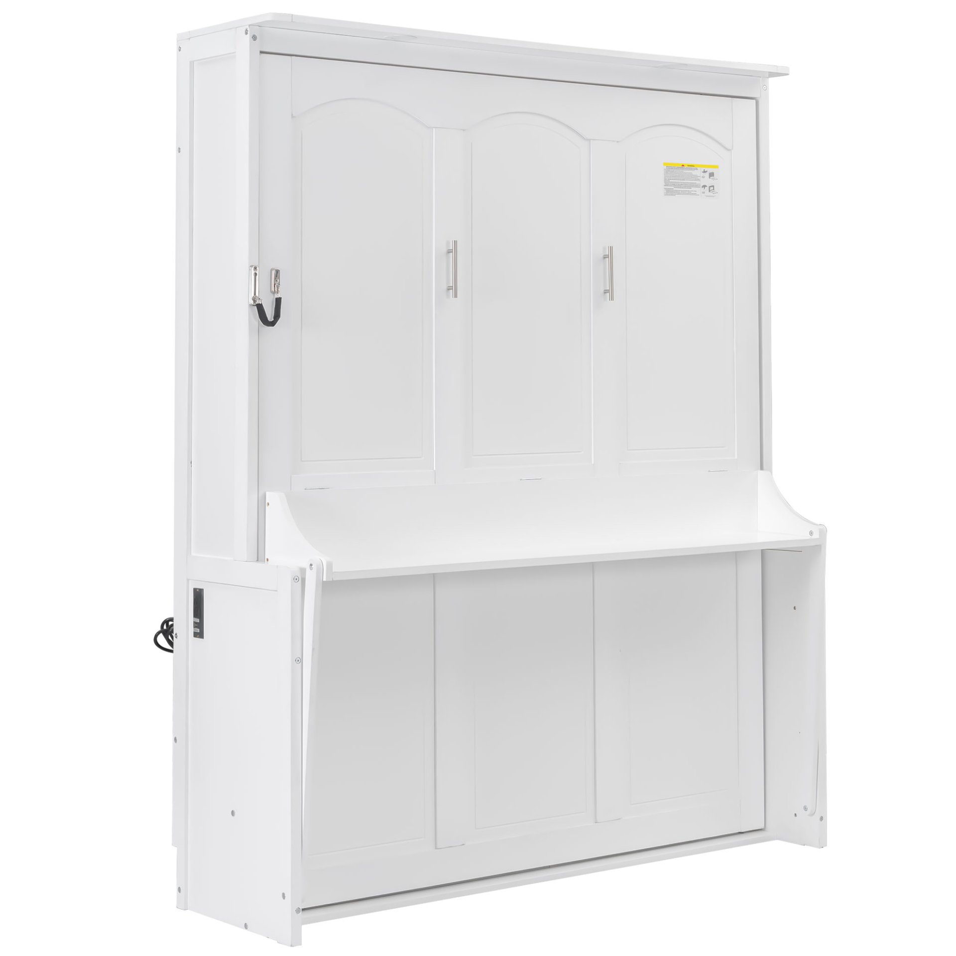 Queen Size Murphy Bed With Desk, LED Lights & USB Charging Station - White - Image 10