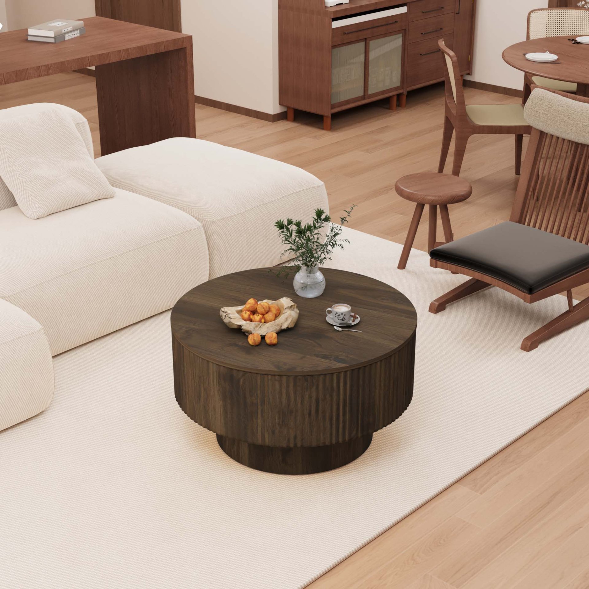 Circular Coffee Table With Stripe Design And Hidden Storage - Walnut - Image 2