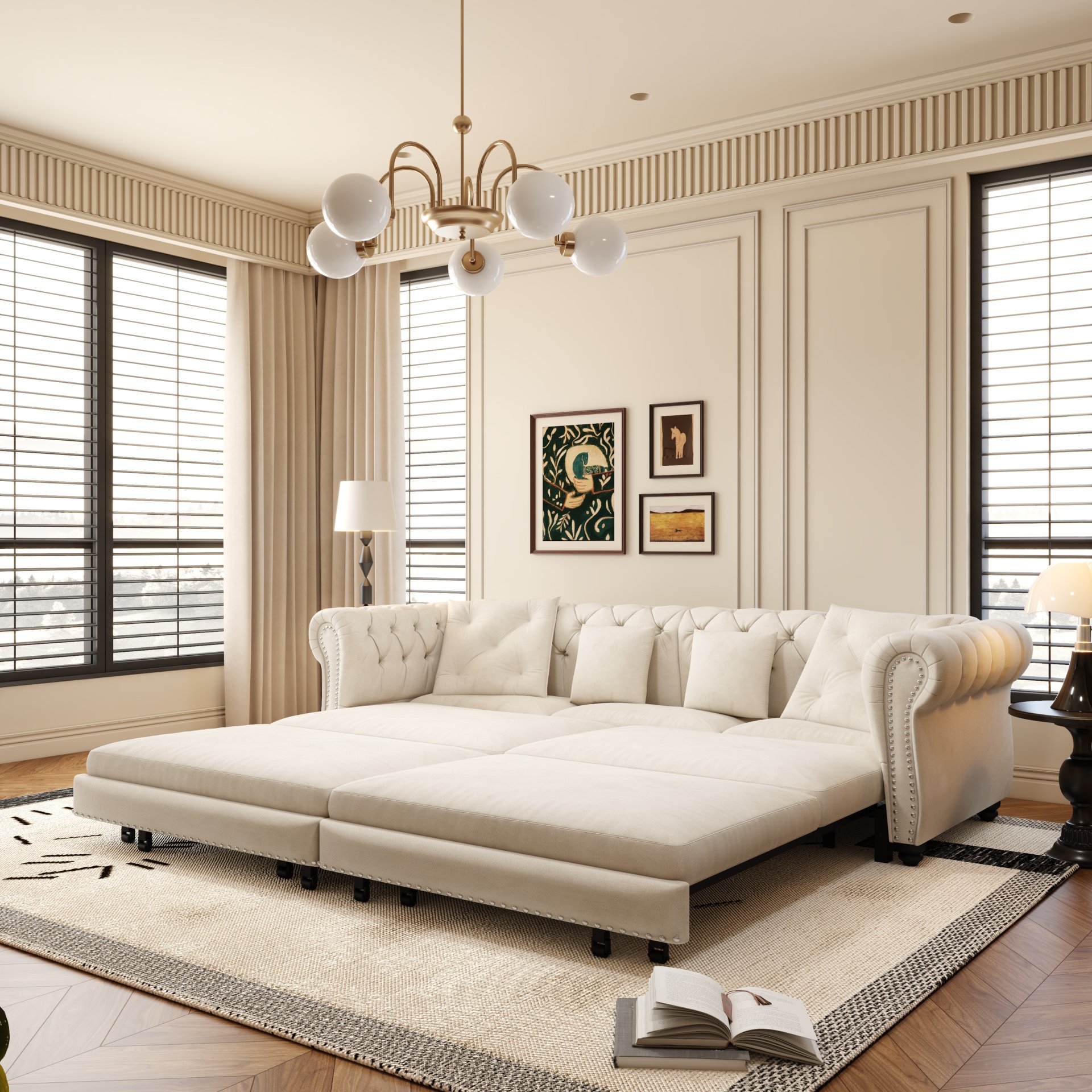 3 In 1 Pull Out Sofa Bed, Convertible Sleeper Sofa Bed, 3 Seater Sofa With Movable Ottoman - Beige - Image 9