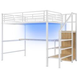 Full Size Loft Bed With Desk, Storage Staircase, Small Wardrobe And LED Light - White