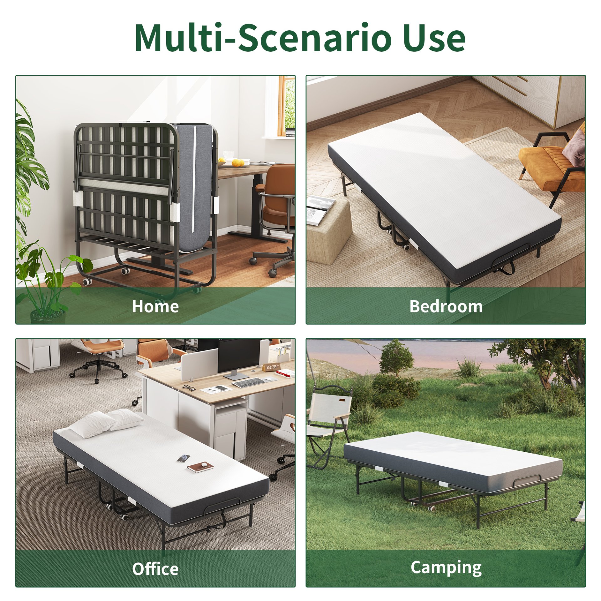 Twin Folding Bed With Memory Foam Mattress Portable Rollaway Bed Sturdy Metal Frame - Brushed Nickel - Image 5