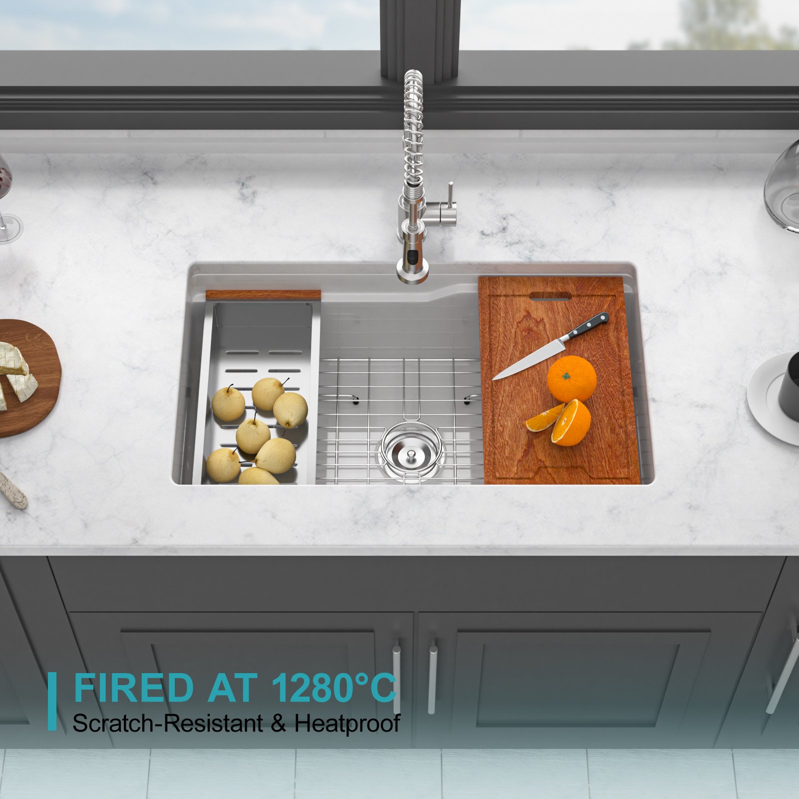 32" Undermount Workstation Single Bowl Kitchen Sink Rectangular Deep Bas With Dual Mount Installation - White - Image 4