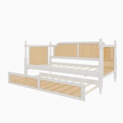 Twin Size Daybed With Twin Size Trundle For Limited Space, Traditional Style Rattan, Guest Room - Antique White