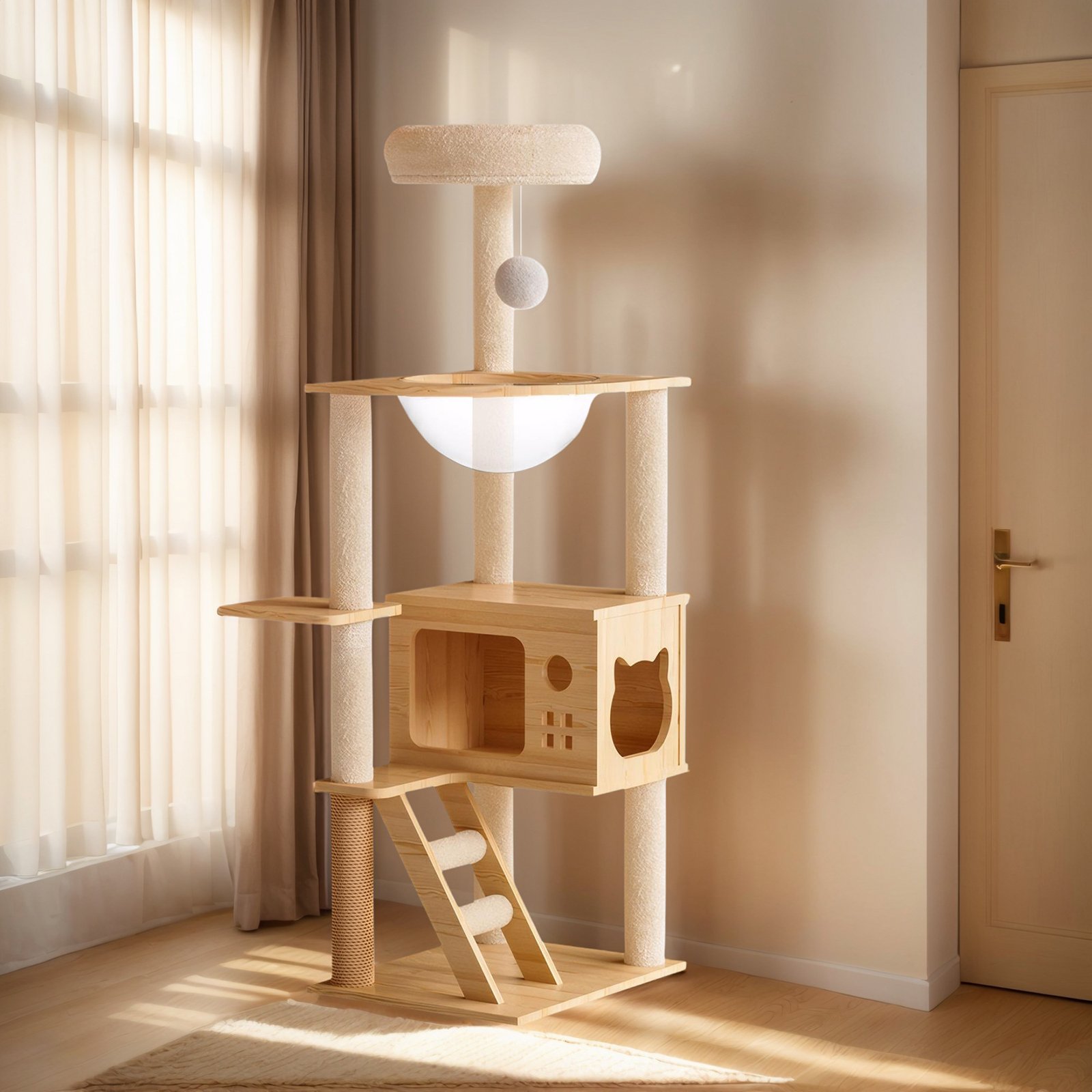 Modern Cat Tower, Wood Cat Tree Tower For Indoor Cats, Cat Tree With Sisal Covered Scratching Posts And Top Perch - Natural / White - Image 7