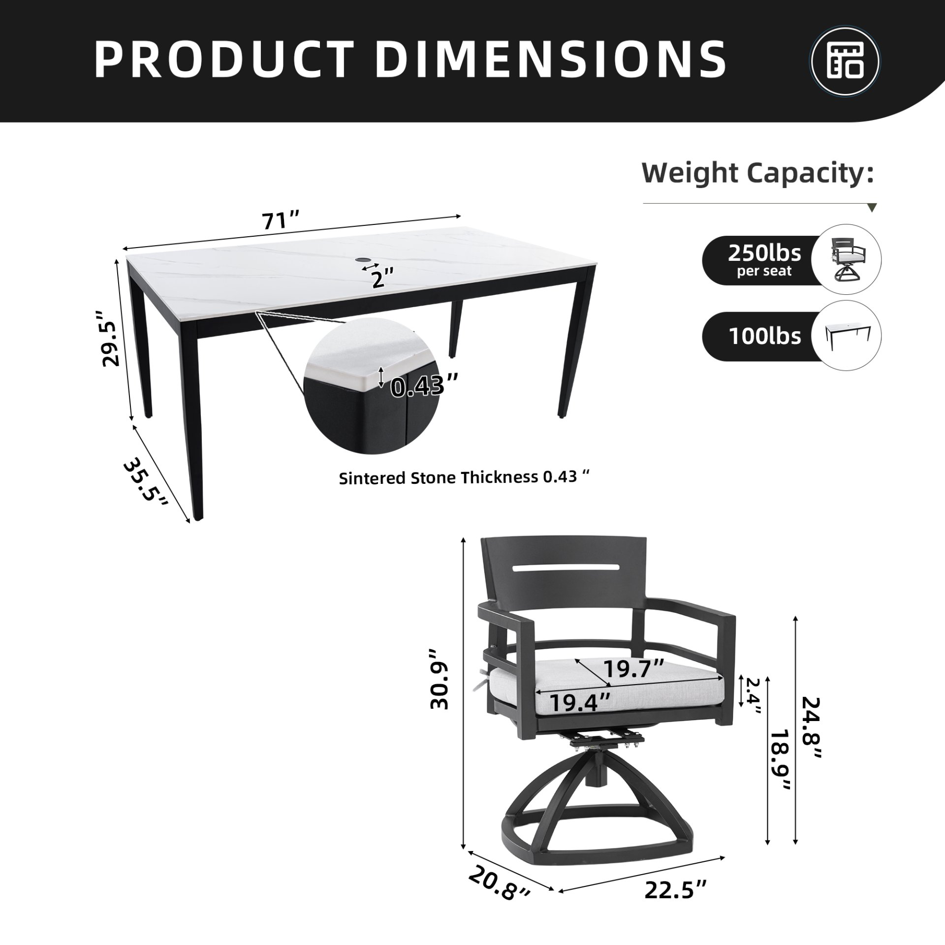 7 Piece Modern Outdoor Patio Dining Set With Table And Swivel Chairs Rockers With Sunbrella Cushions - Ember Black / White - Image 5