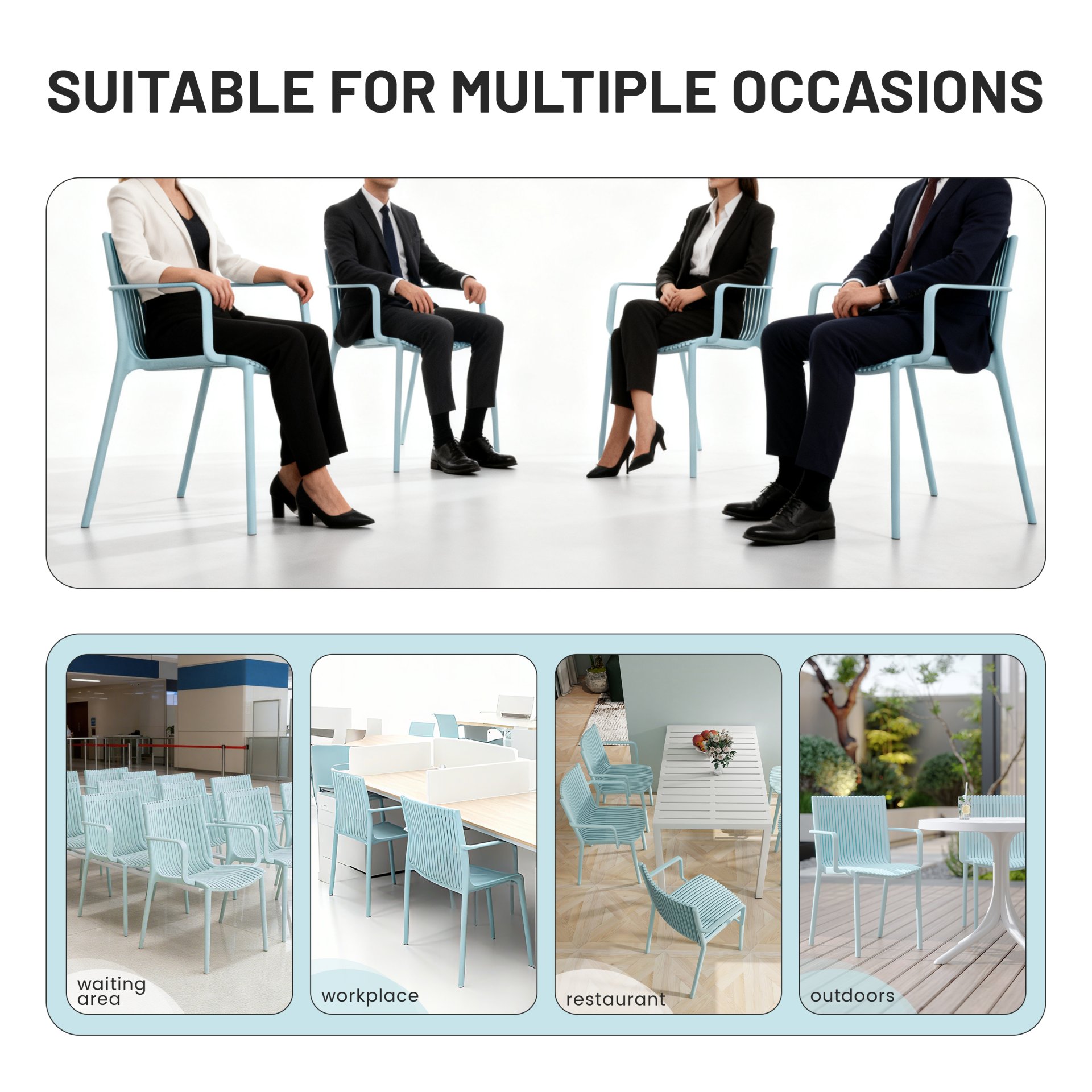 4 Piece Stackable Single Chairs With Vertical Stripe Design For All Weather - Light Blue - Image 15