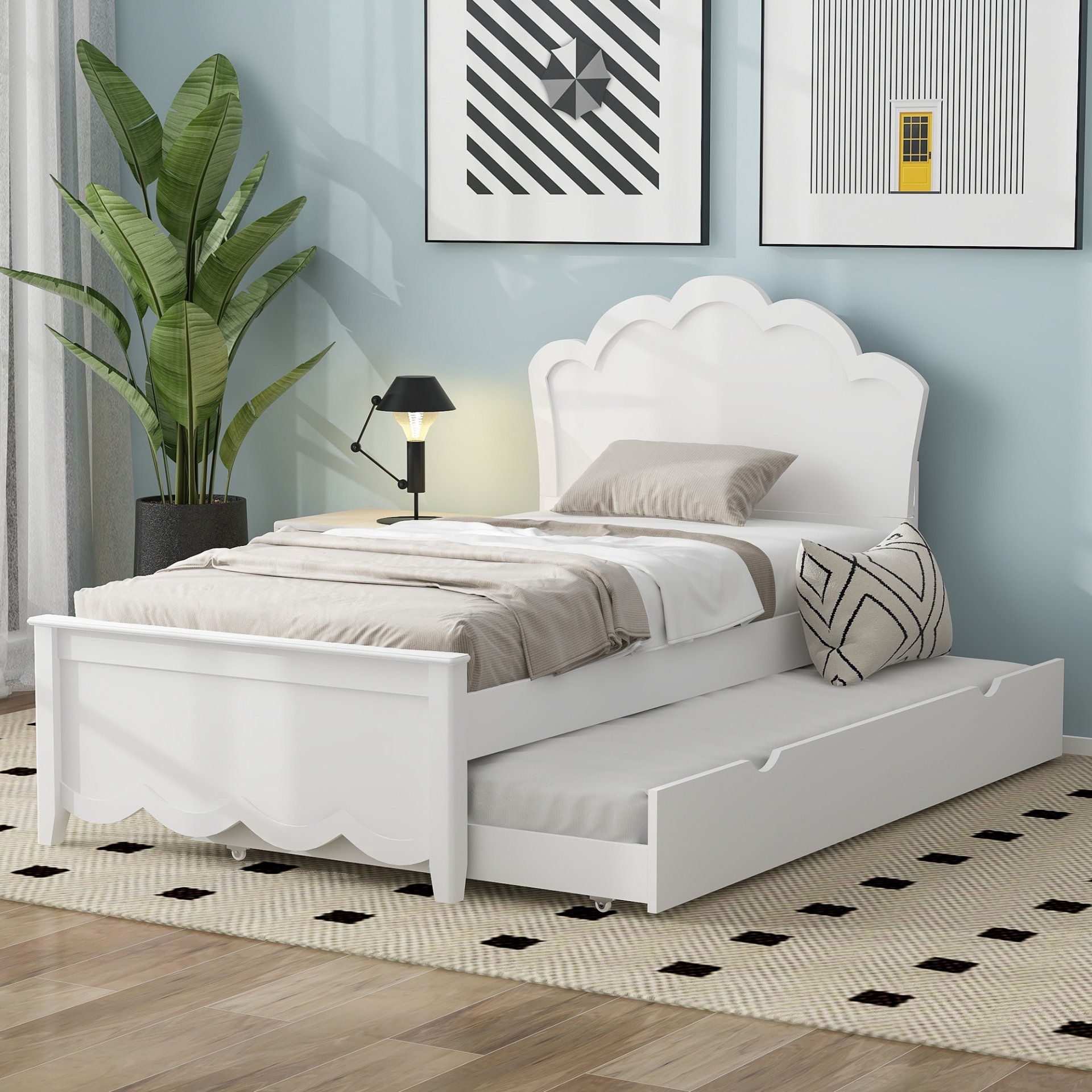 Twin Size Platform Bed With Headboard And Trundle - White - Image 2