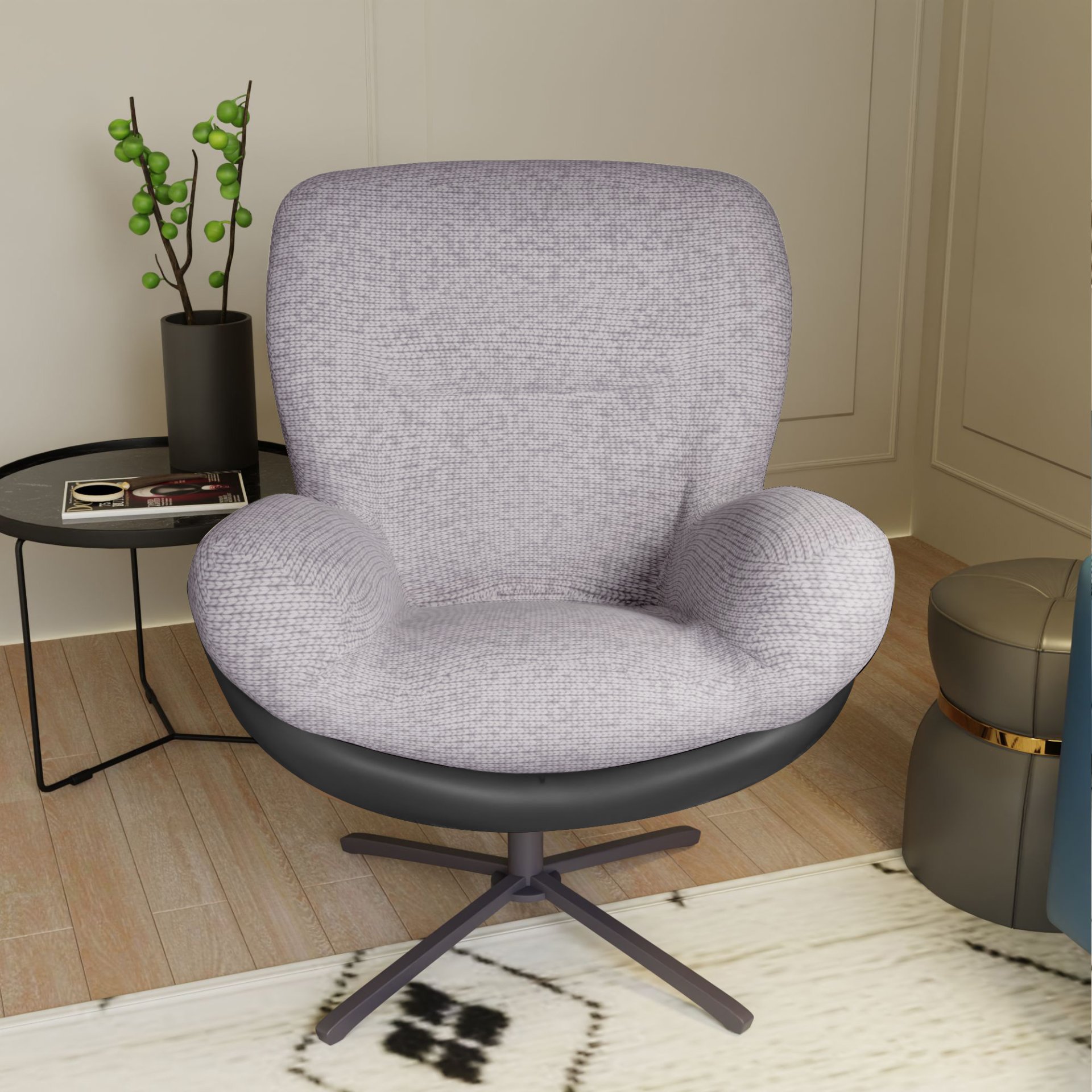 360° Swivel Office Chair, Modern Chenille Chair With And Metal Base Frame, No Wheels, Accent Chair - Gray - Image 5