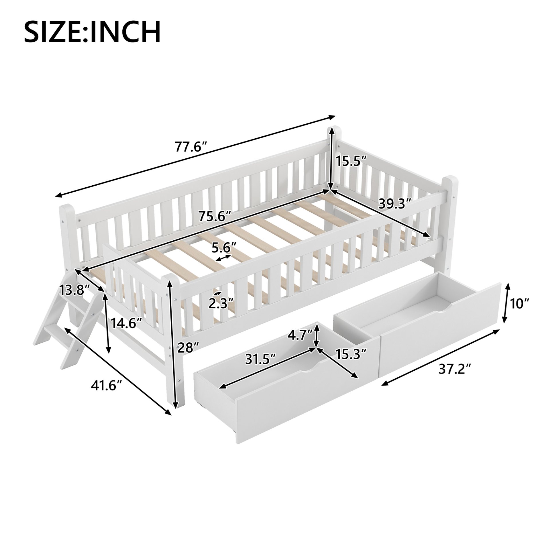 Twin Size Platform Bed With Guardrail And 2 Drawers - White - Image 3