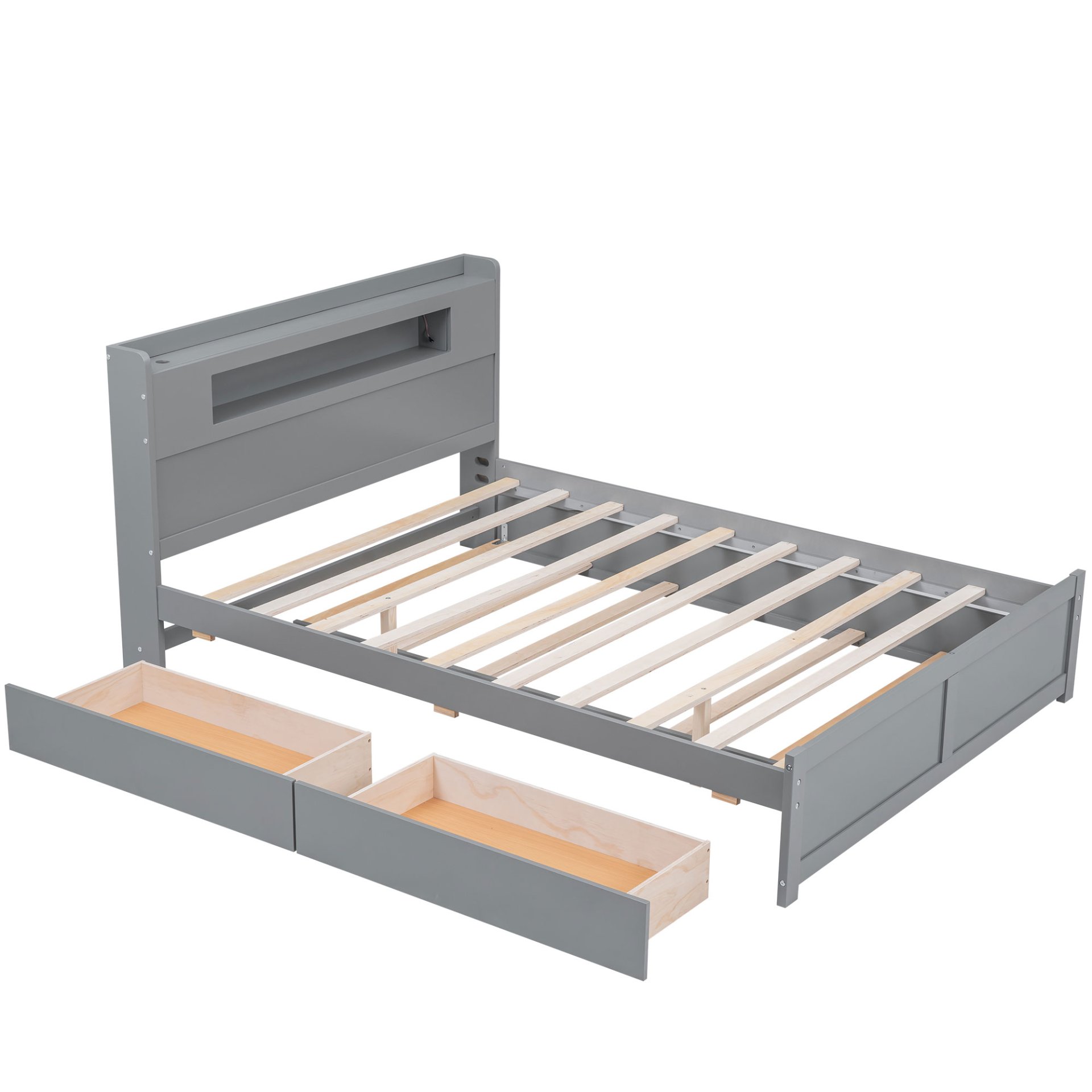 Queen Size Storage Platform Bed With LED Lights, 2 Drawers And Twin Trundle - Gray - Image 6