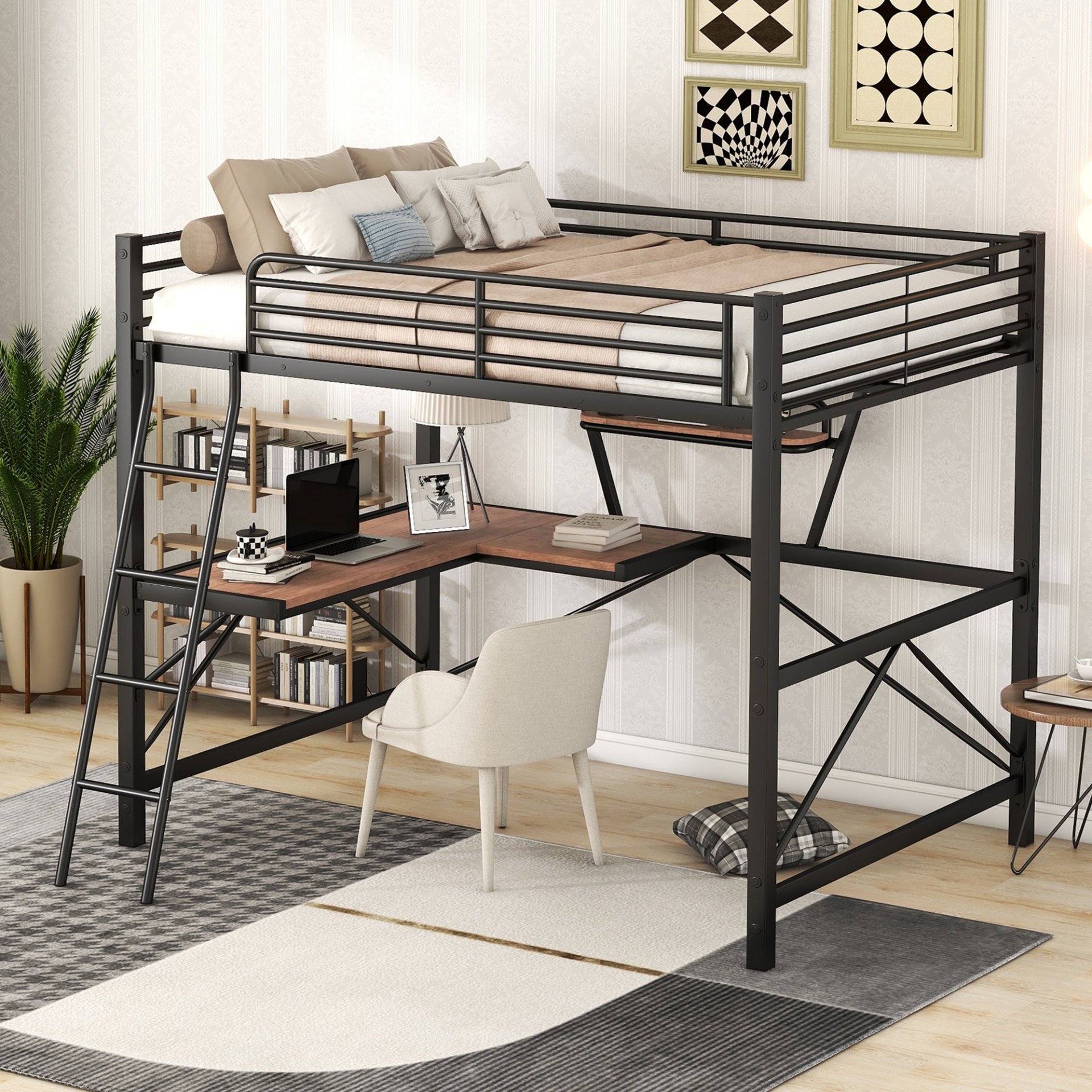 Full Size Loft Bed With Desk And Shelf - Black - Image 2