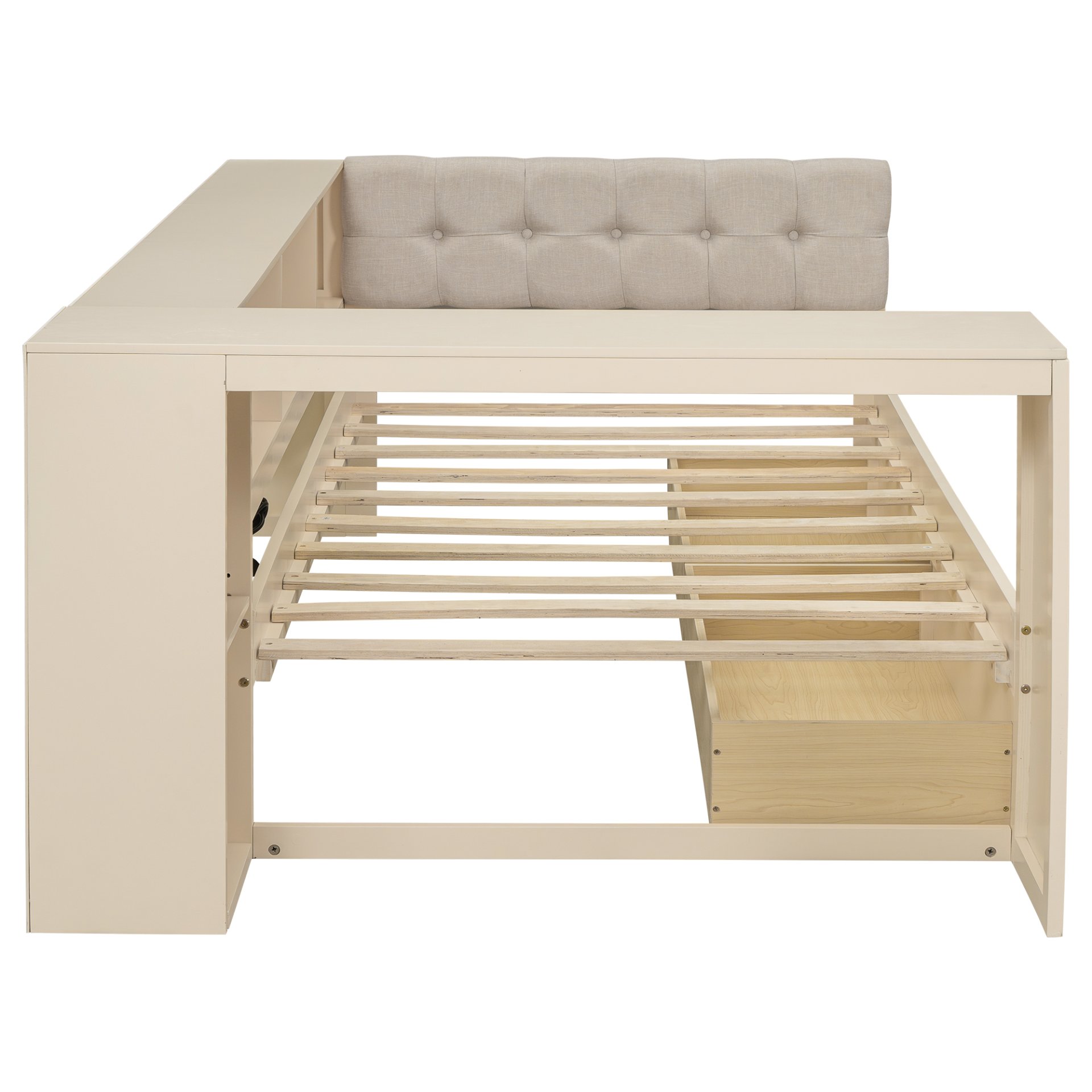 Upholstered Headboard Twin Size Platform Bed With Storage Shelves, Drawers, Charging Station - Cream - Image 6
