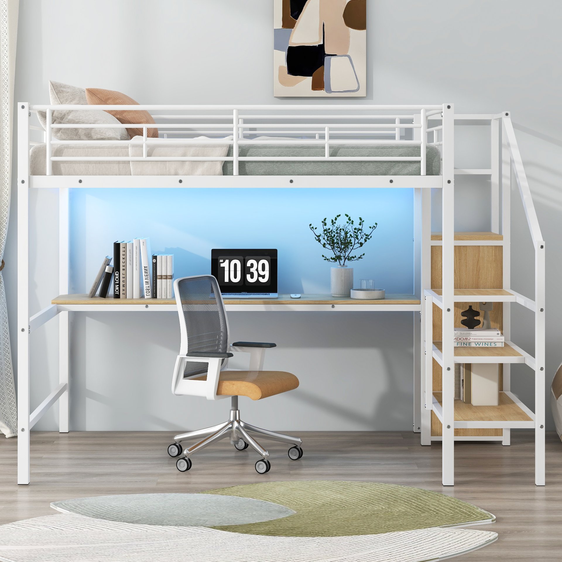Full Size Loft Bed With Desk, Storage Staircase, Small Wardrobe And LED Light - White - Image 4