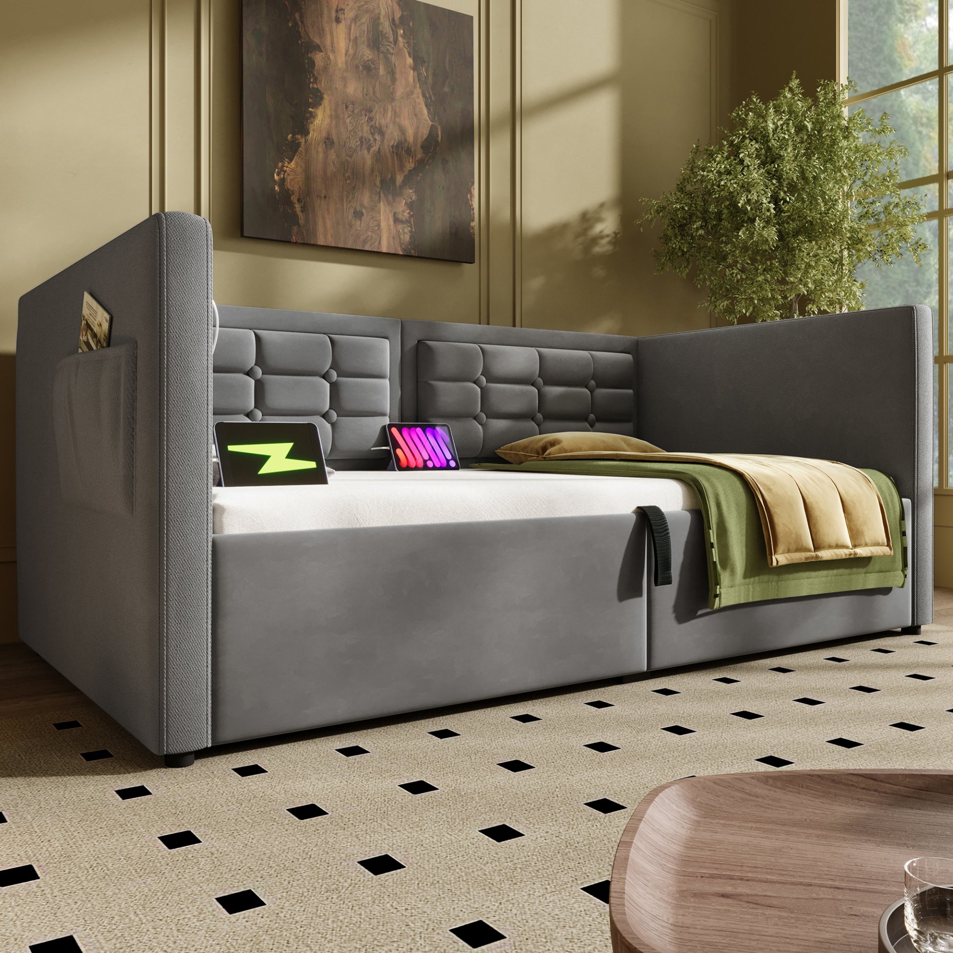 Twin Size Upholstered Hydraulic Storage Daybed With USB & Type C Charging - Gray - Image 12