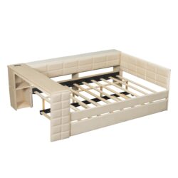 Upholstered Full Size Platform Bed With Storage Shelves, Desk, Charging Station And Trundle - Beige