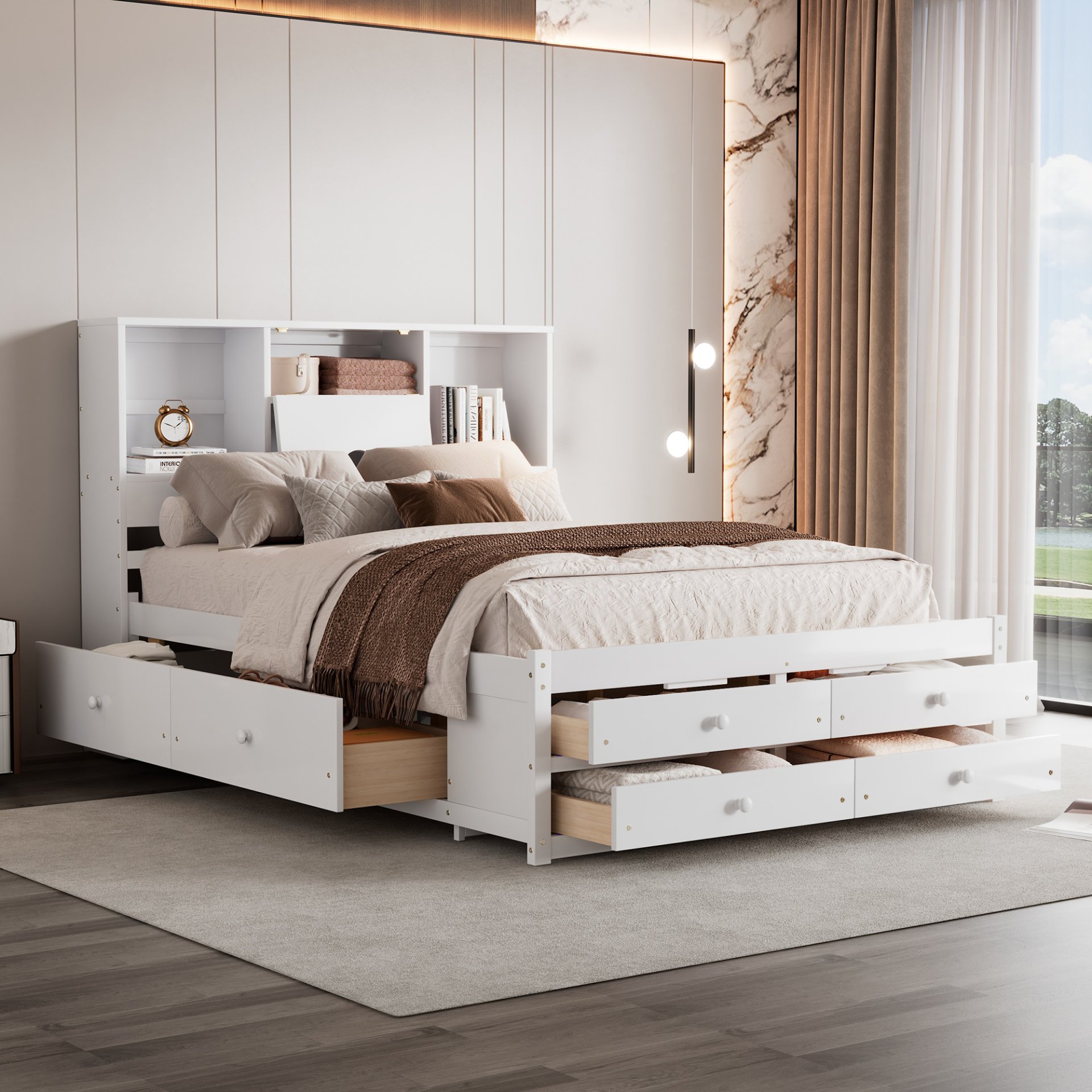 Queen Size Platform Bed With Storage Headboard And 8 Drawers - White - Image 2
