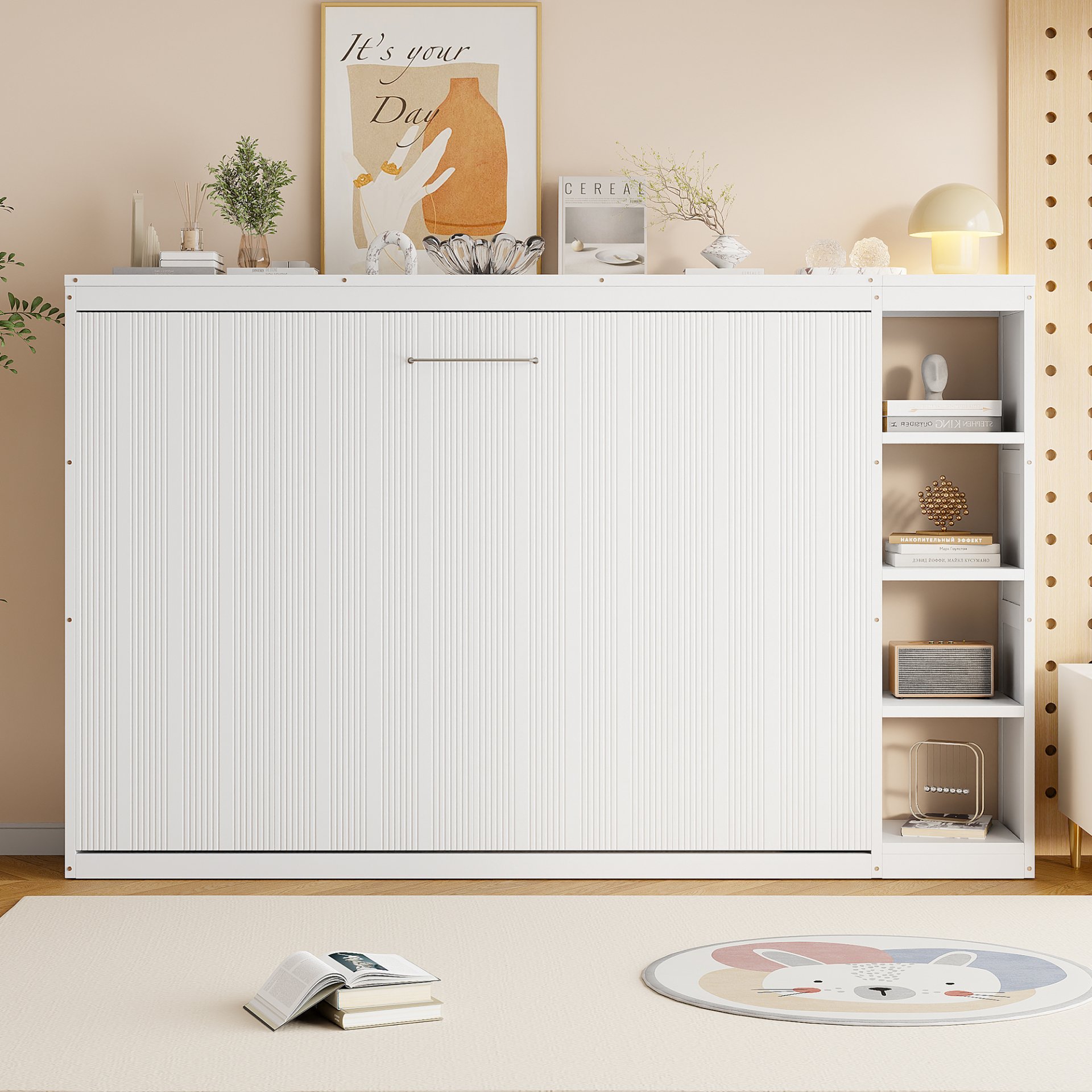 Full Size Murphy Bed With Bookshelf And Storage - White - Image 4