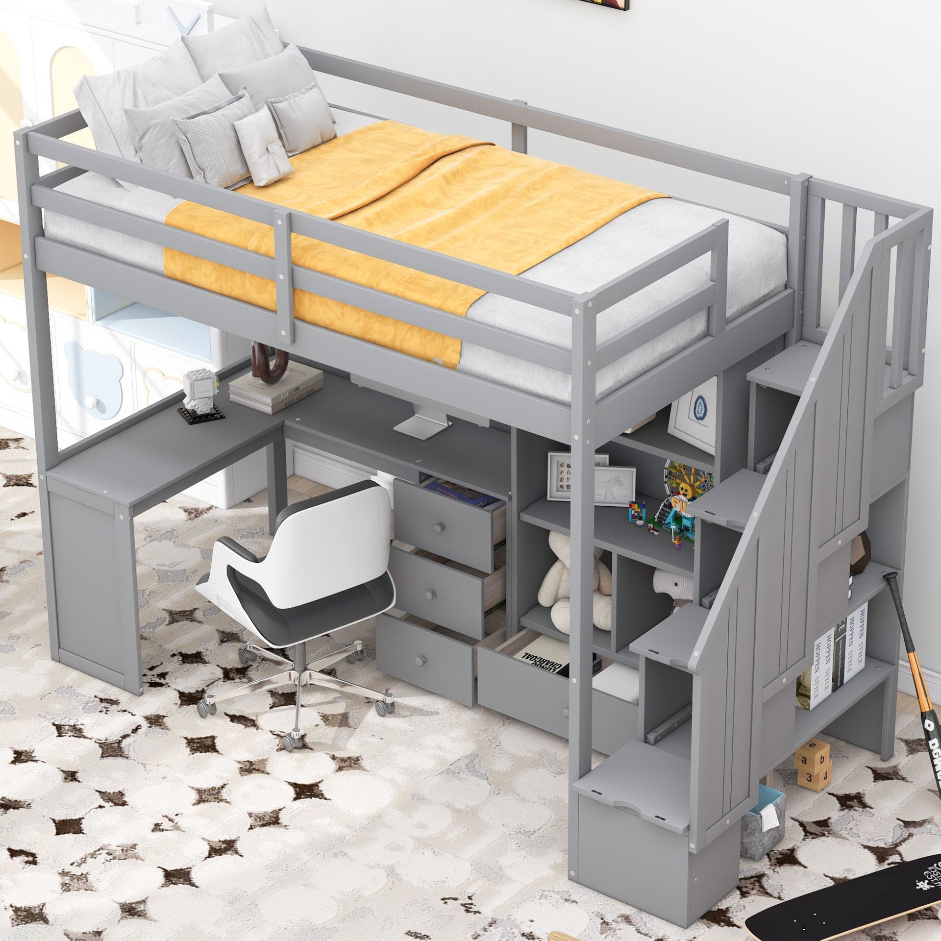 Twin Size Loft Bed With L-Shaped Desk, Drawers, Cabinet And Storage Staircase - Gray - Image 6