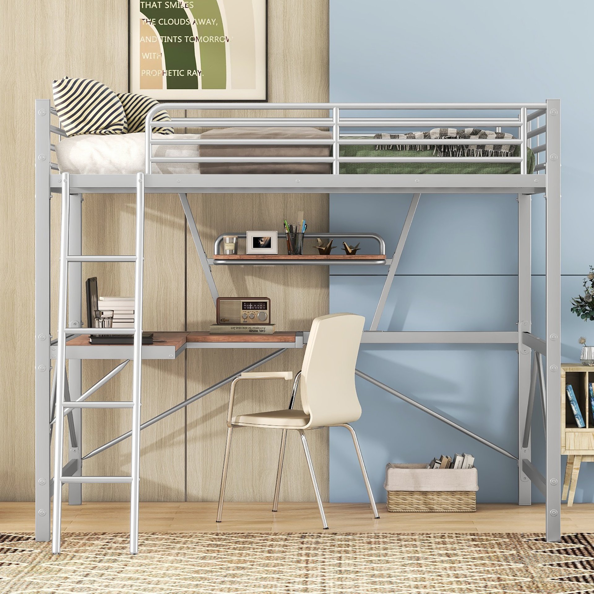 Full Size Loft Bed With Desk And Shelf - Silver - Image 5