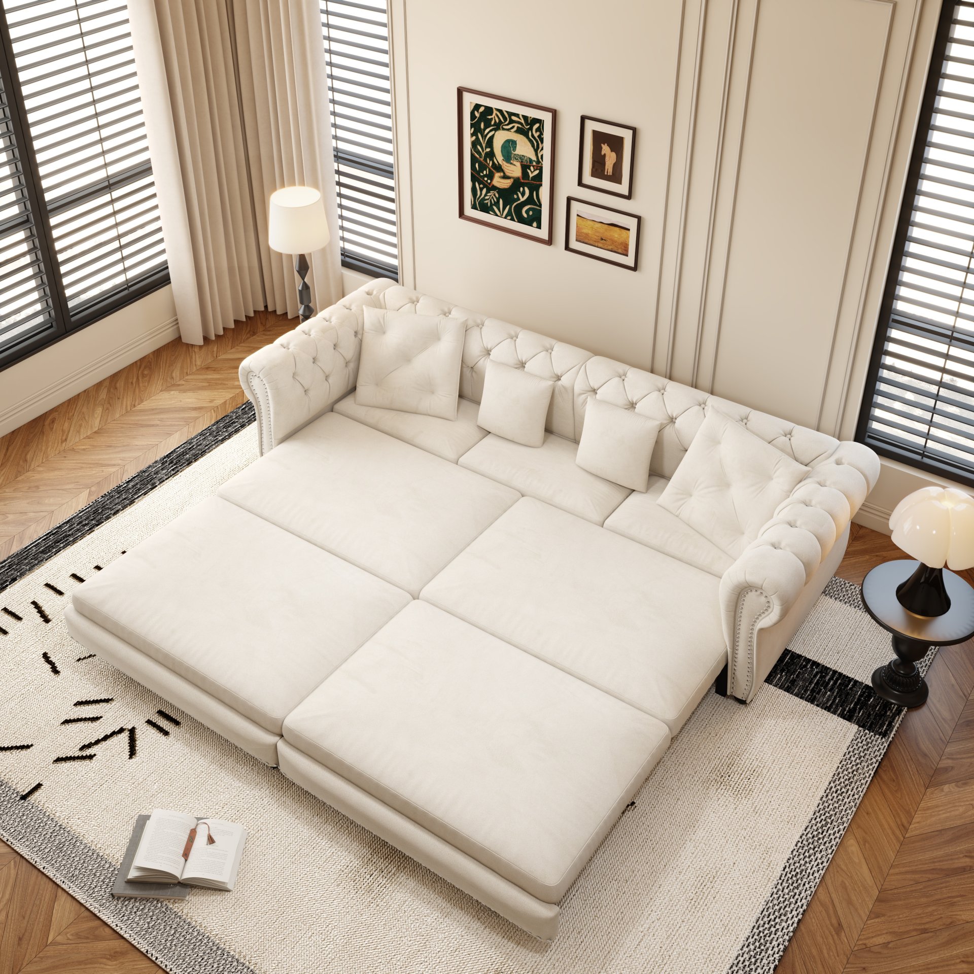3 In 1 Pull Out Sofa Bed, Convertible Sleeper Sofa Bed, 3 Seater Sofa With Movable Ottoman - Beige - Image 5