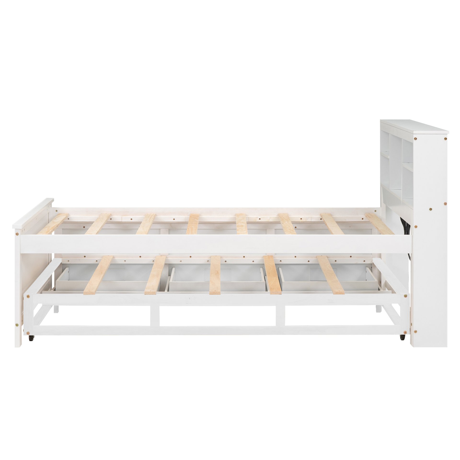 Twin Size Platform Bed With Storage Headboard, USB, Trundle And 3 Drawers - White - Image 12