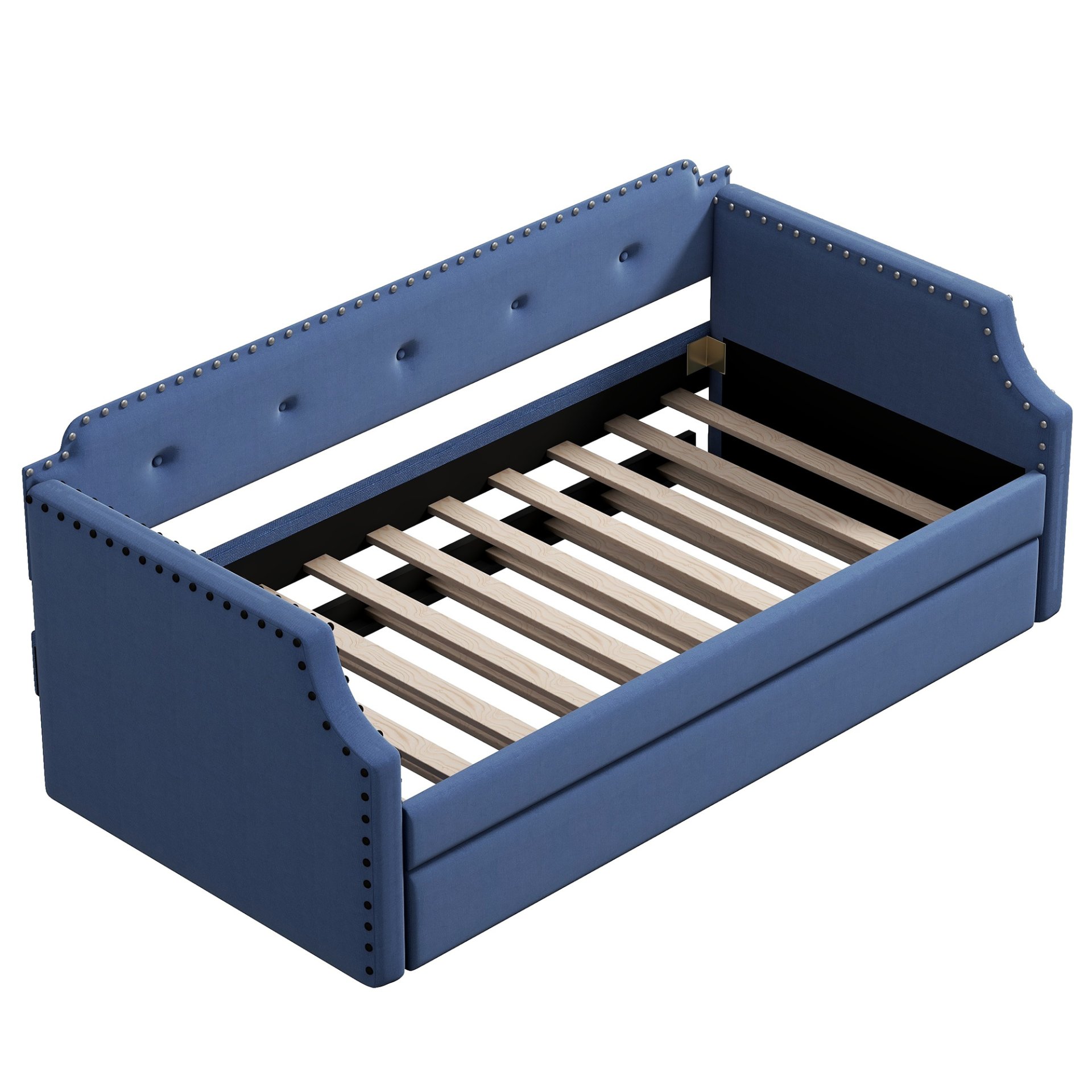 Upholstered Daybed With Trundle, Twin, Slat Support - Blue - Image 14