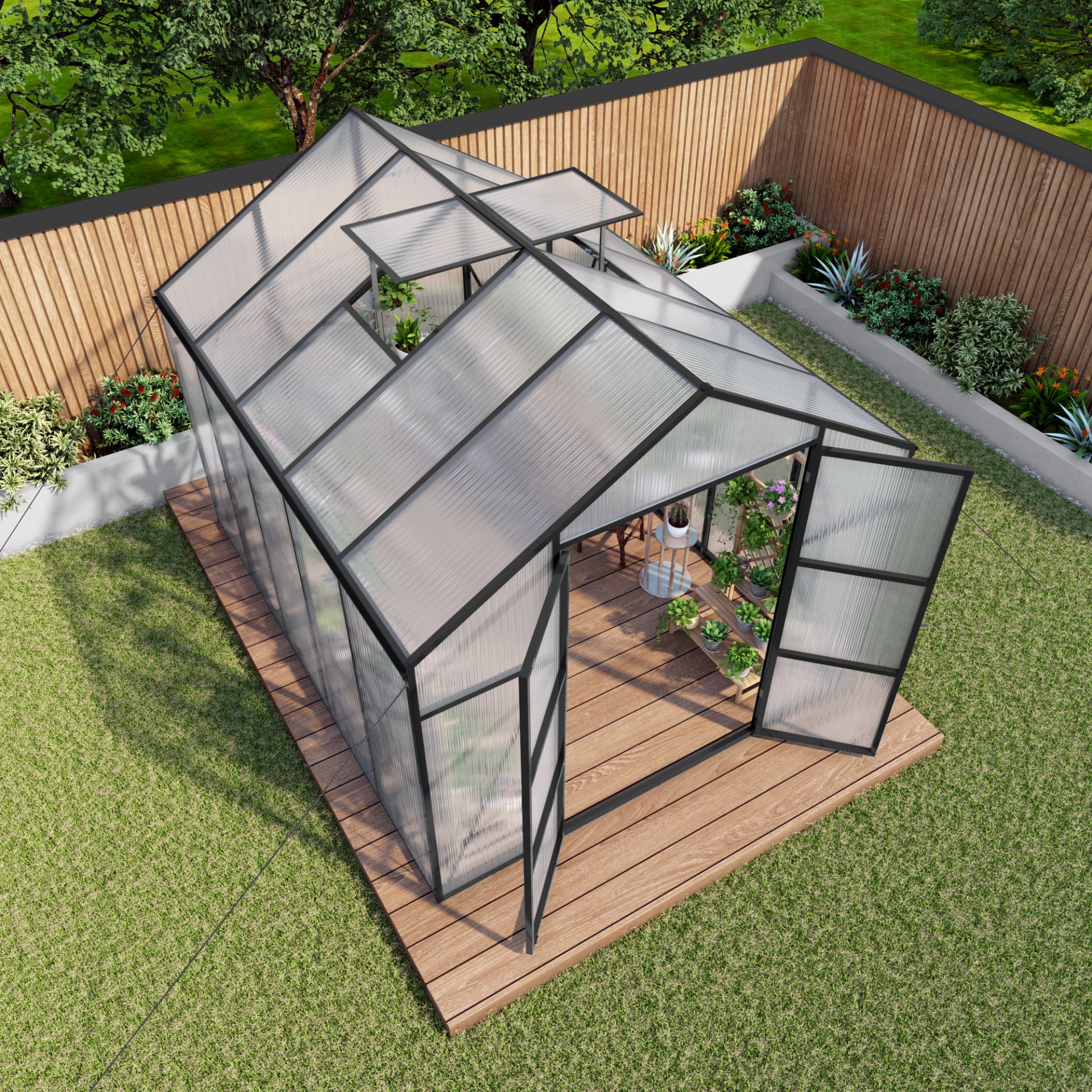Frame Greenhouse 8 X 10 Ft Polycarbonate Heavy Duty Walk In Garden Greenhouse For Backyard In All Seasons - Black - Image 2