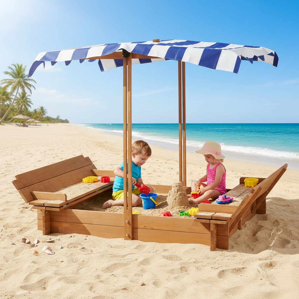 Kids Sandbox With Adjustable Cover, Sand Box With 2 Foldable Bench Seats, Outdoor Sandpit For Backyard Play - Light Brown - Image 5