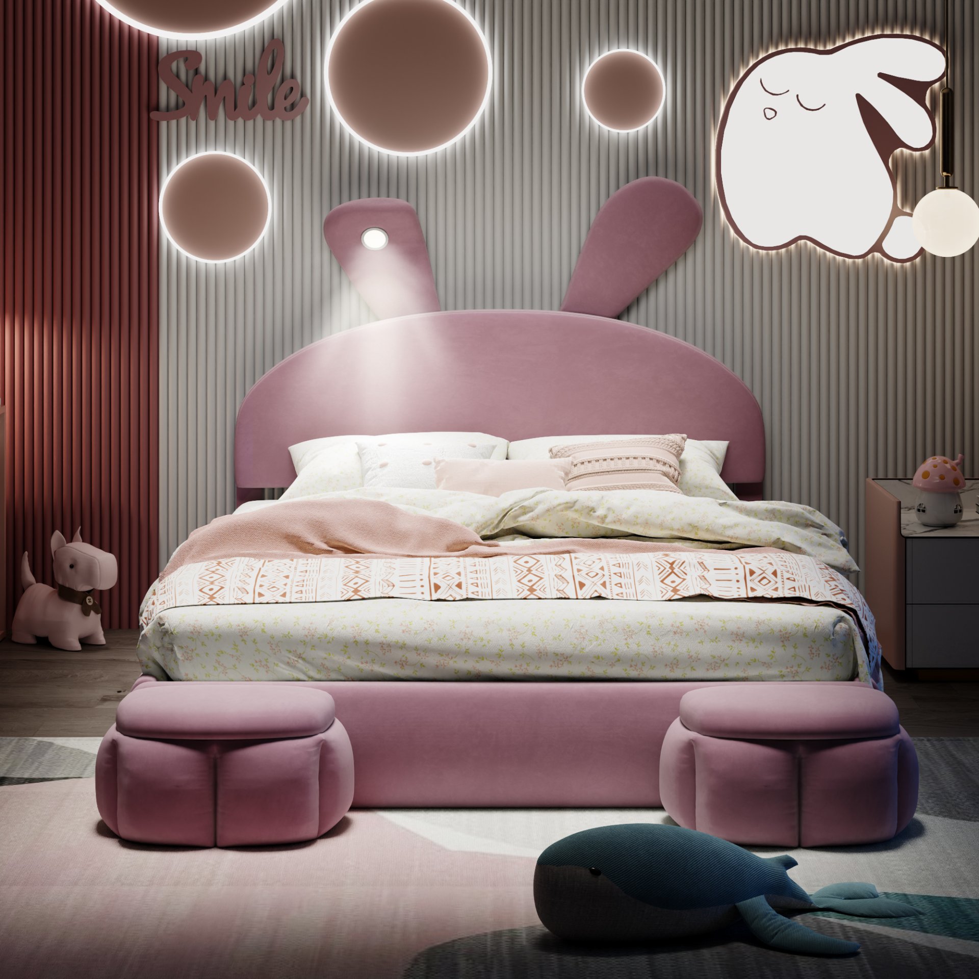 Full Size Upholstered Platform Bed With Cartoon Ears Headboard And Built In LED Light - Pink - Image 2