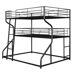 Industrial Style Triple Bunk Bed With Full Long, Twin Long, Queen Configuration And Dual Ladders Frame, Space Saving Design - Black