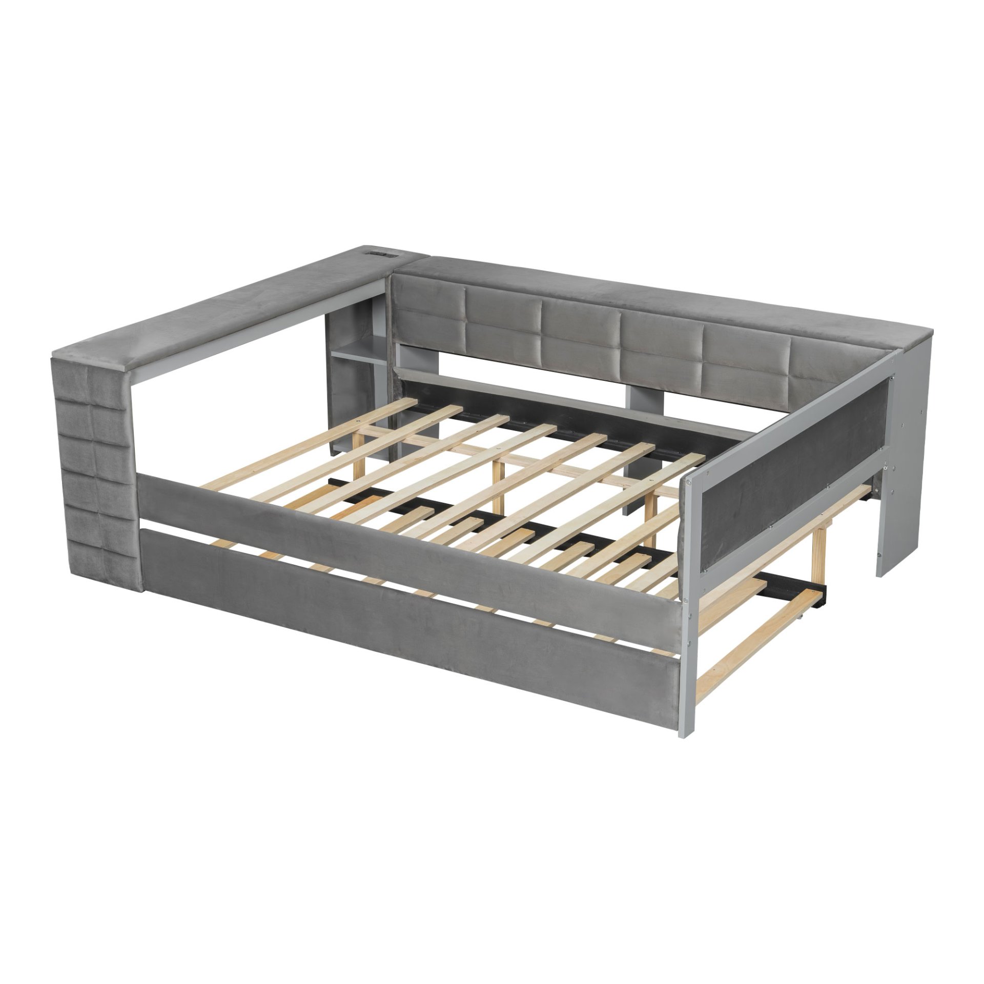 Upholstered Full Size Platform Bed With Storage Shelves, Desk, Charging Station And Trundle - Gray - Image 13