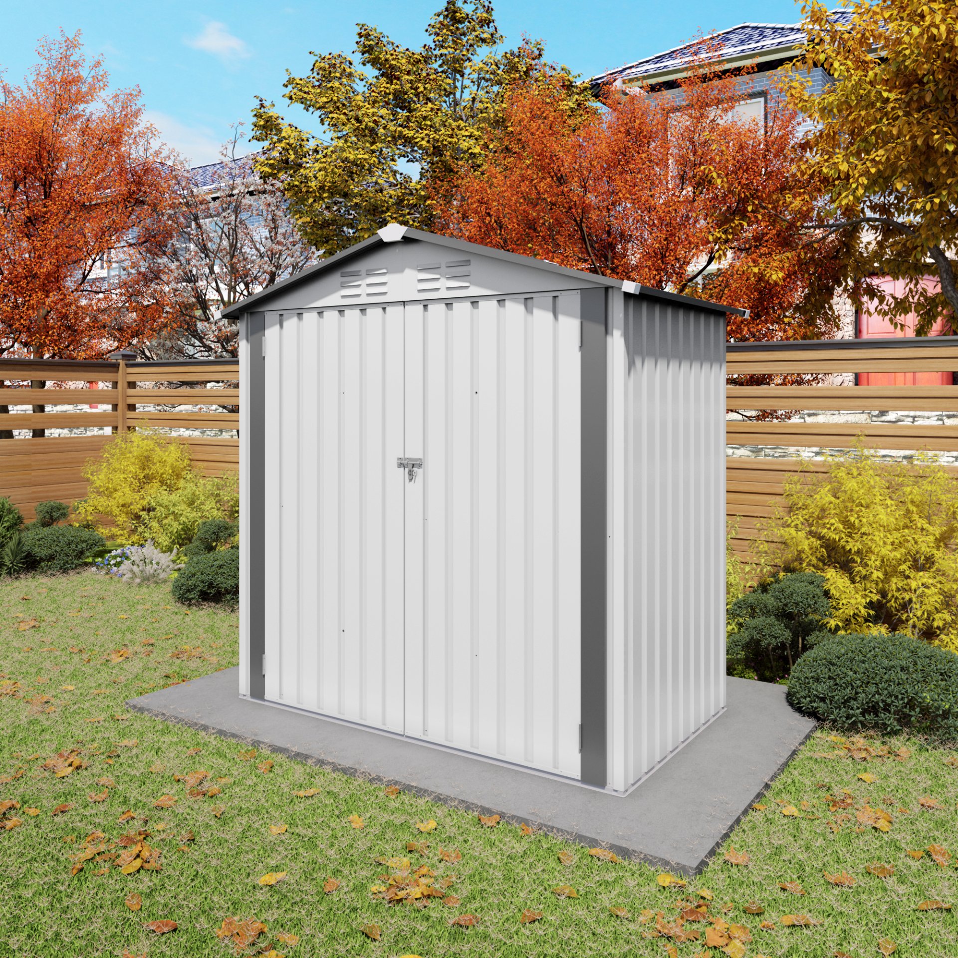Garden Tool Shed, Storage Shed With Peaked Roof Waterproof Lockable Door - White / Gray - Image 4