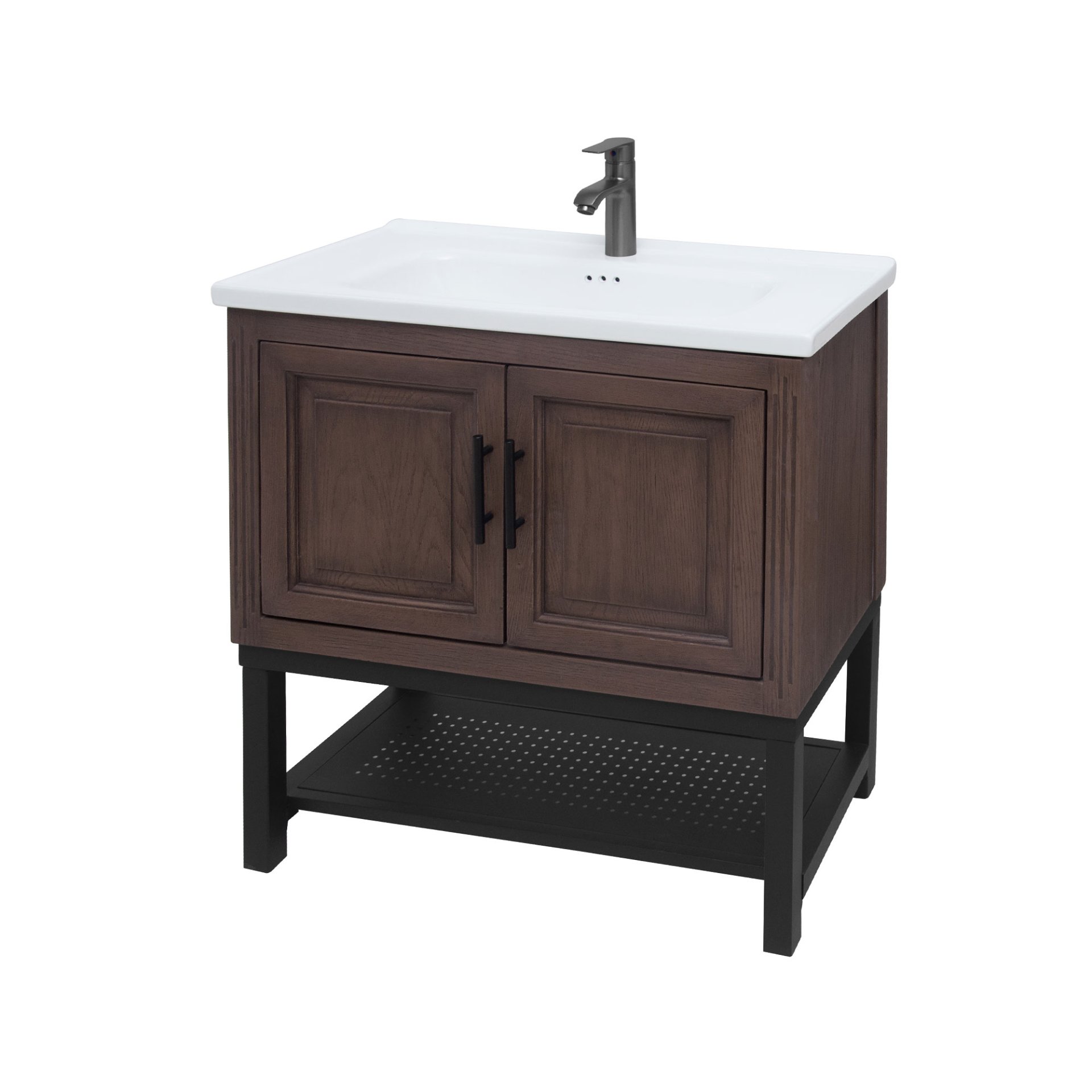 Modern Freestanding Bathroom Vanity With White Ceramic Sink, Hot And Cold Faucet, 2 Door Cabinet & Open Iron Shelf, Magnesium Oxide And Iron Frame - Walnut - Image 9