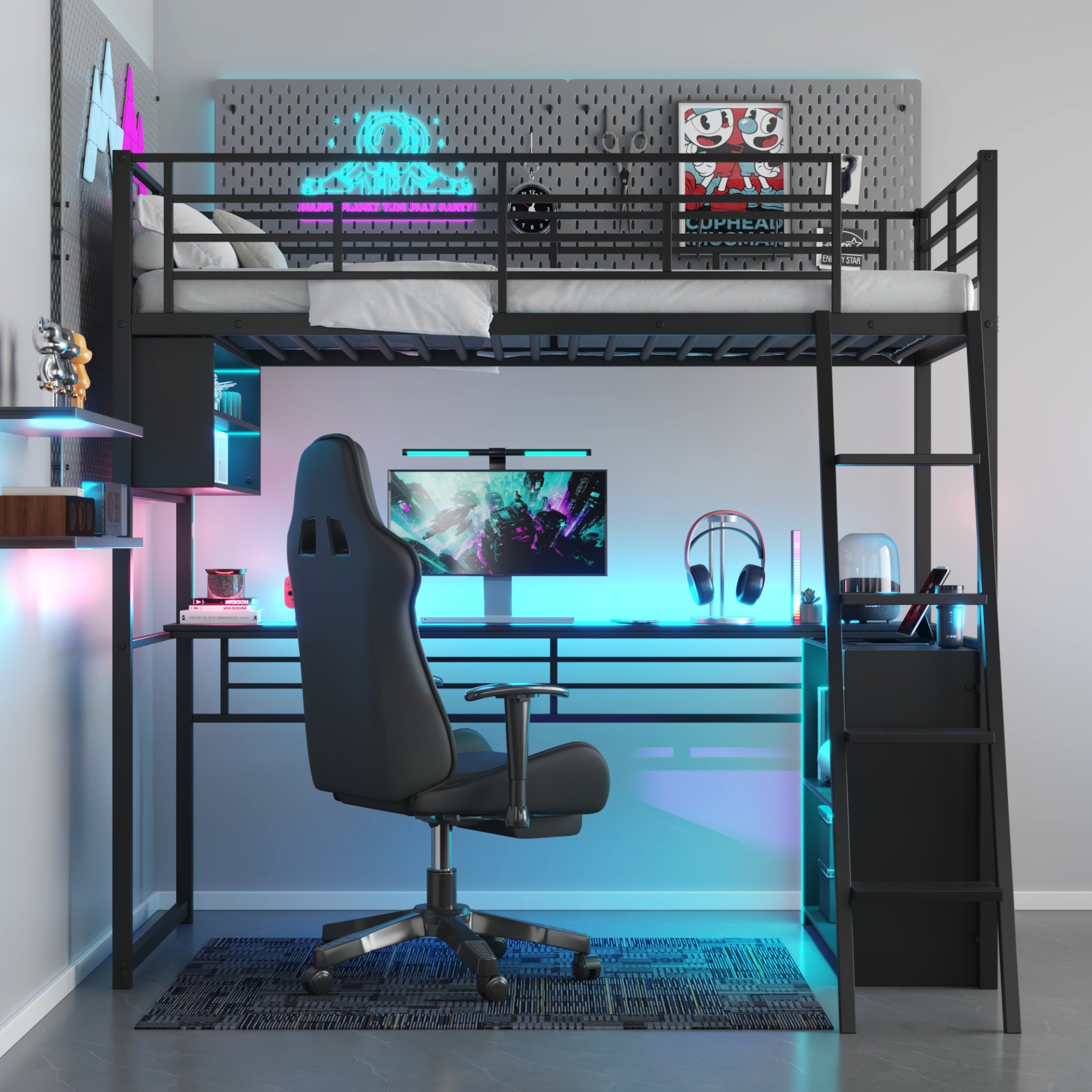Twin Size Loft Bed With LED Desk And 4 Storage Shelves - Black - Image 4