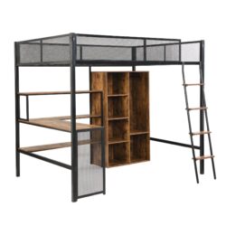 Full Size Loft Bed With Built In Desk, Wardrobe, And Shelves - Black
