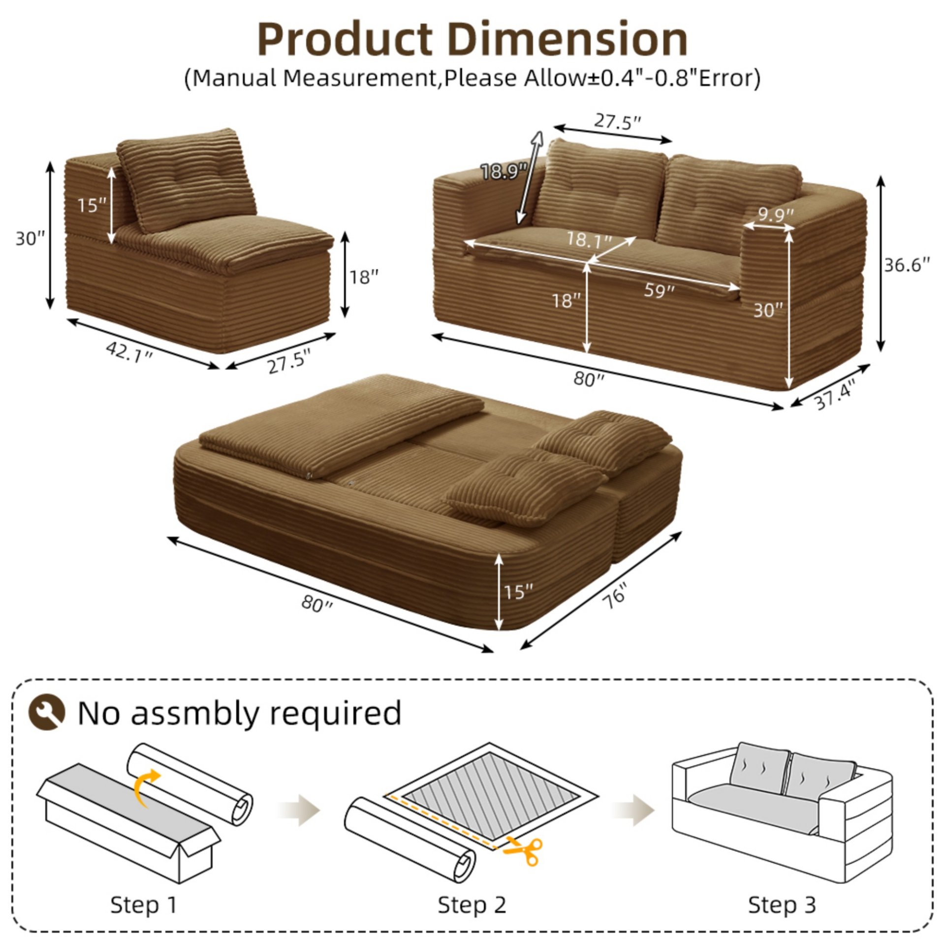 Multi Functional Sectional Sofa Bed With Independent Chaise Lounge And Functional Blanket - Camel - Image 3