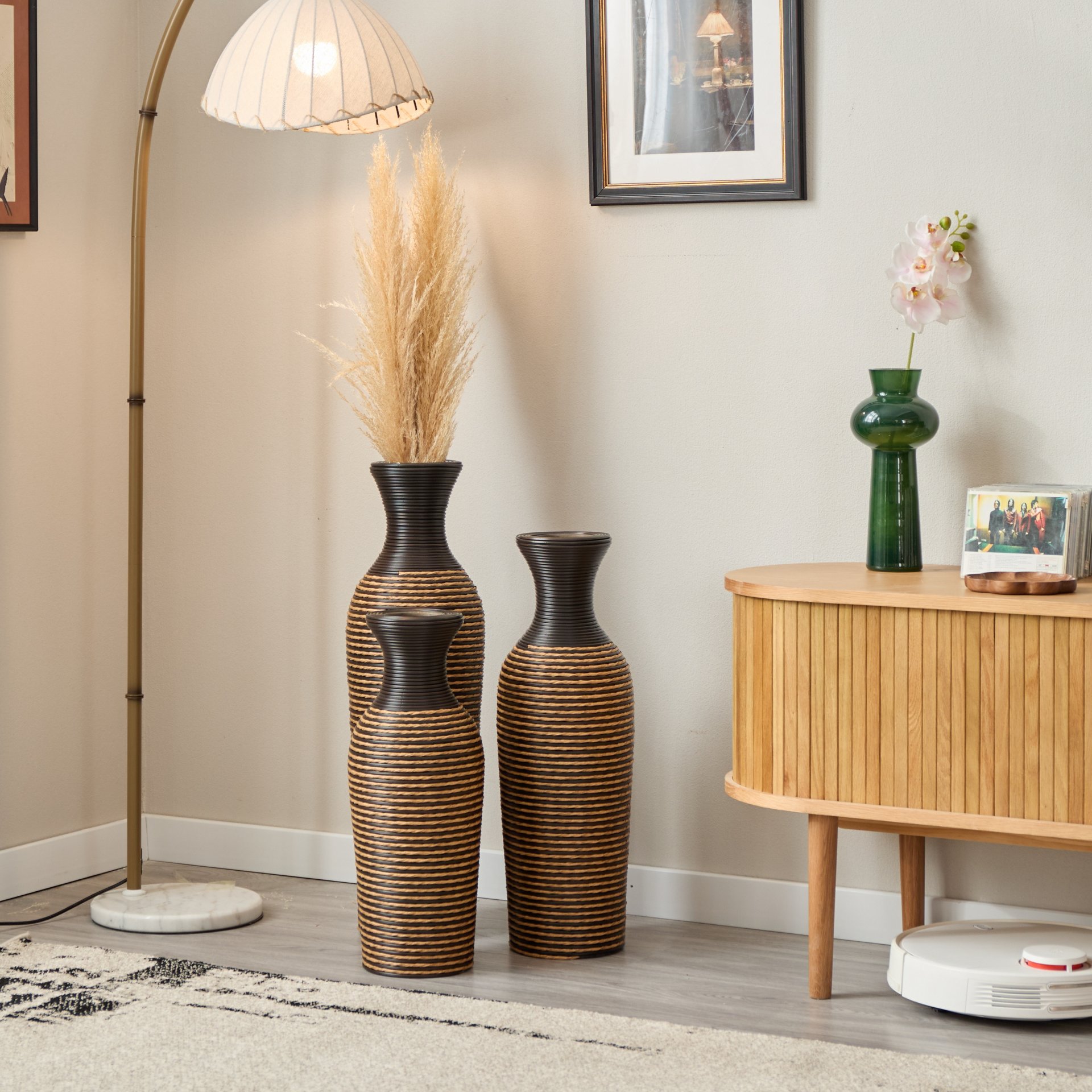 3 Piece Set Of Decorative Floor Vases, Classic And Neat Floor Vases With High Independent Flower Racks, Artificial Vine Vases, Home Decoration Flower Racks - Beige / Black - Image 6