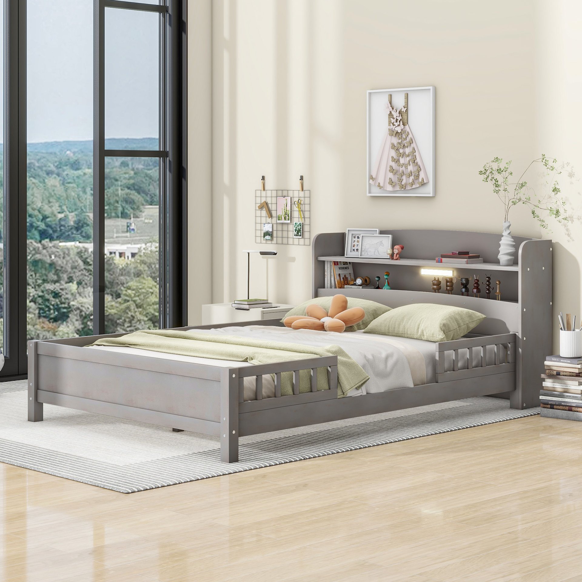 Full Size Platform Bed With LED Light, Storage Headboard And Guardrail - Antique Gray - Image 5