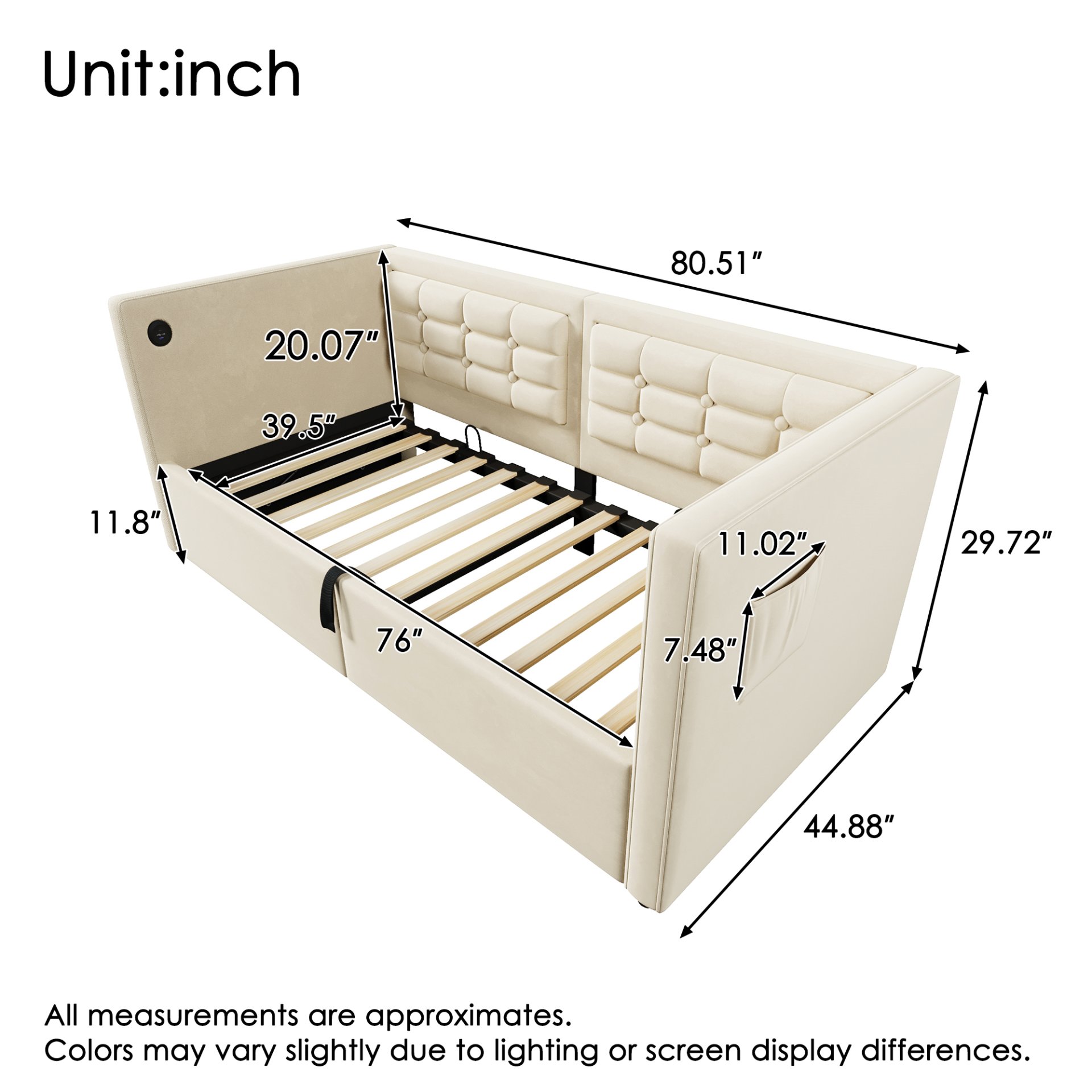 Twin Size Upholstered Hydraulic Storage Daybed With USB & Type C Charging - Beige - Image 3